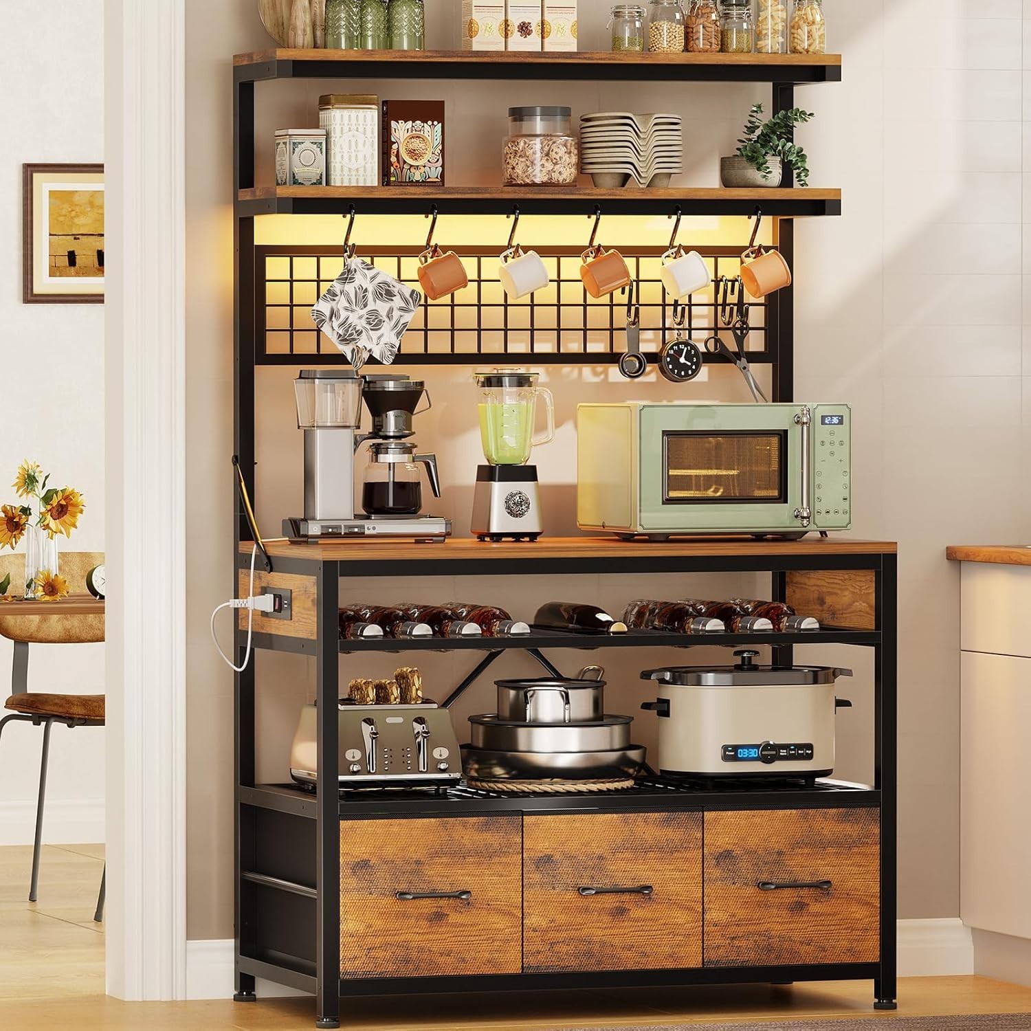 Bakers Rack with Power Outlet &Storage, 35.4