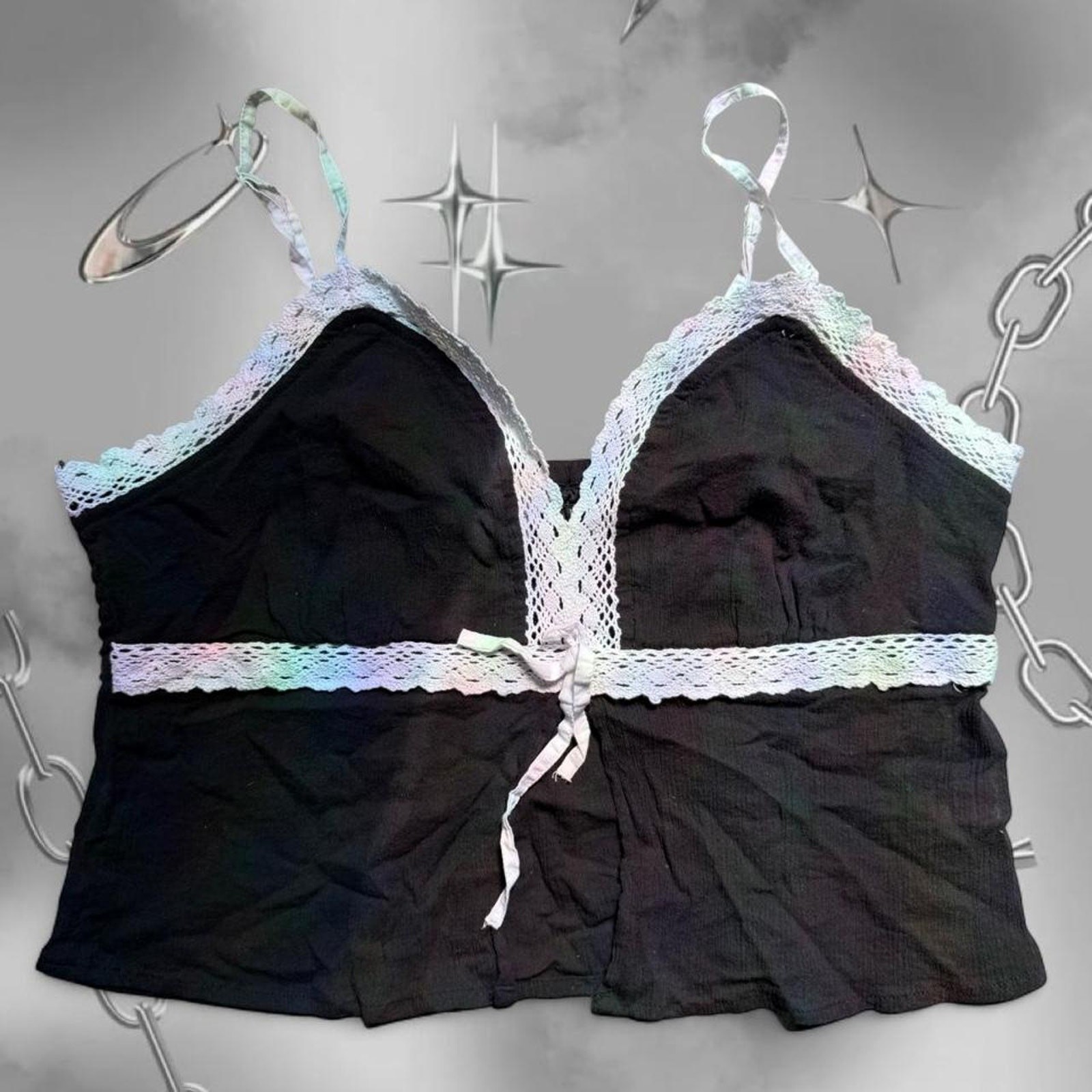 Y2K Coquette Fairy Grunge Whimsygoth Black & White Lace Babydoll Cami Top