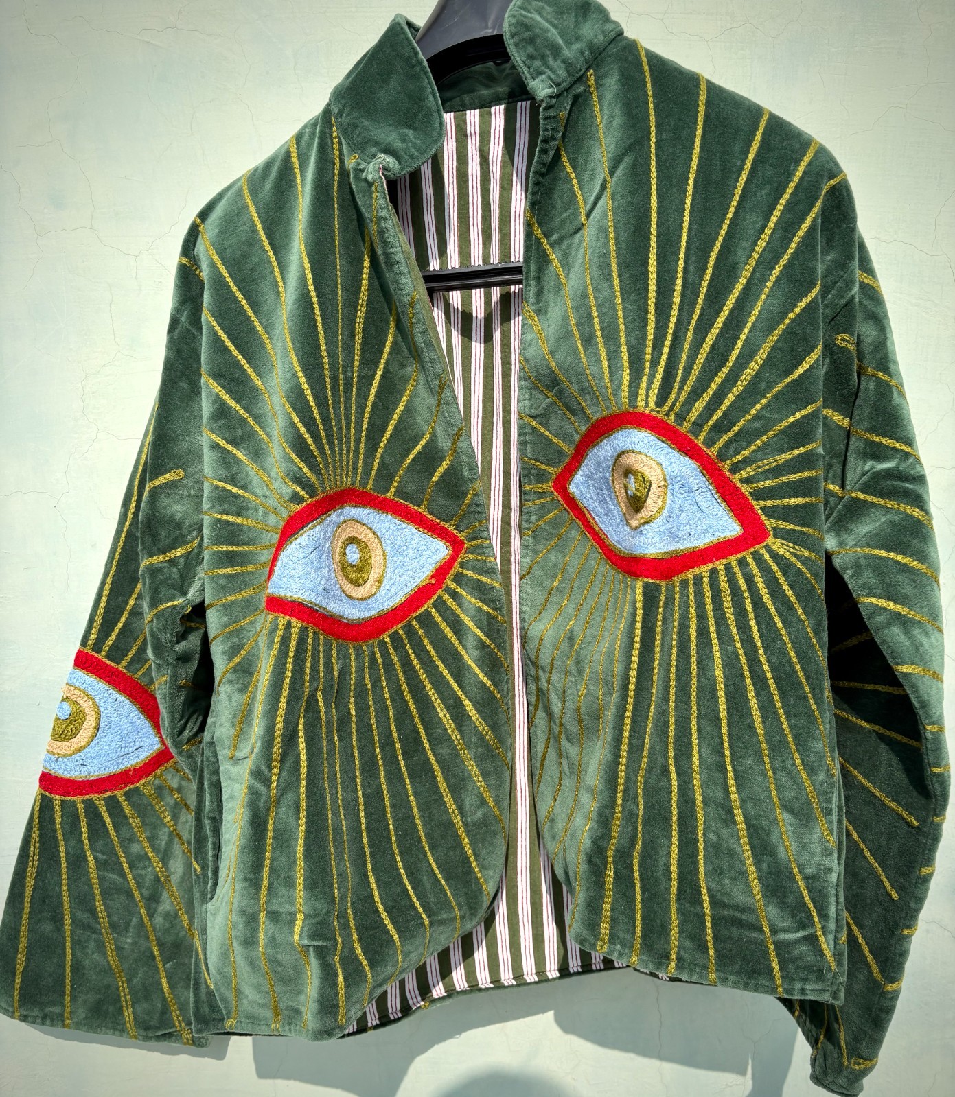 Vintage Green Velvet Jacket Embroidered Evil Eye Sunburst Boho Festival Coat Vintage Green Velvet Jacket Embroidered Evil Eye Sunburst Boho Festival Coat