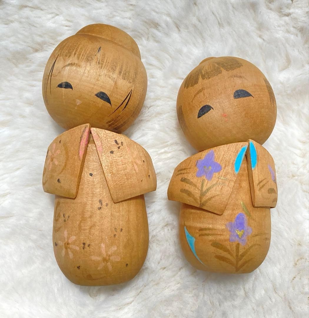 Japanese Sosaku Kokeshi Sisters Pair Adjustable Head Wooden Doll Collectible 15+