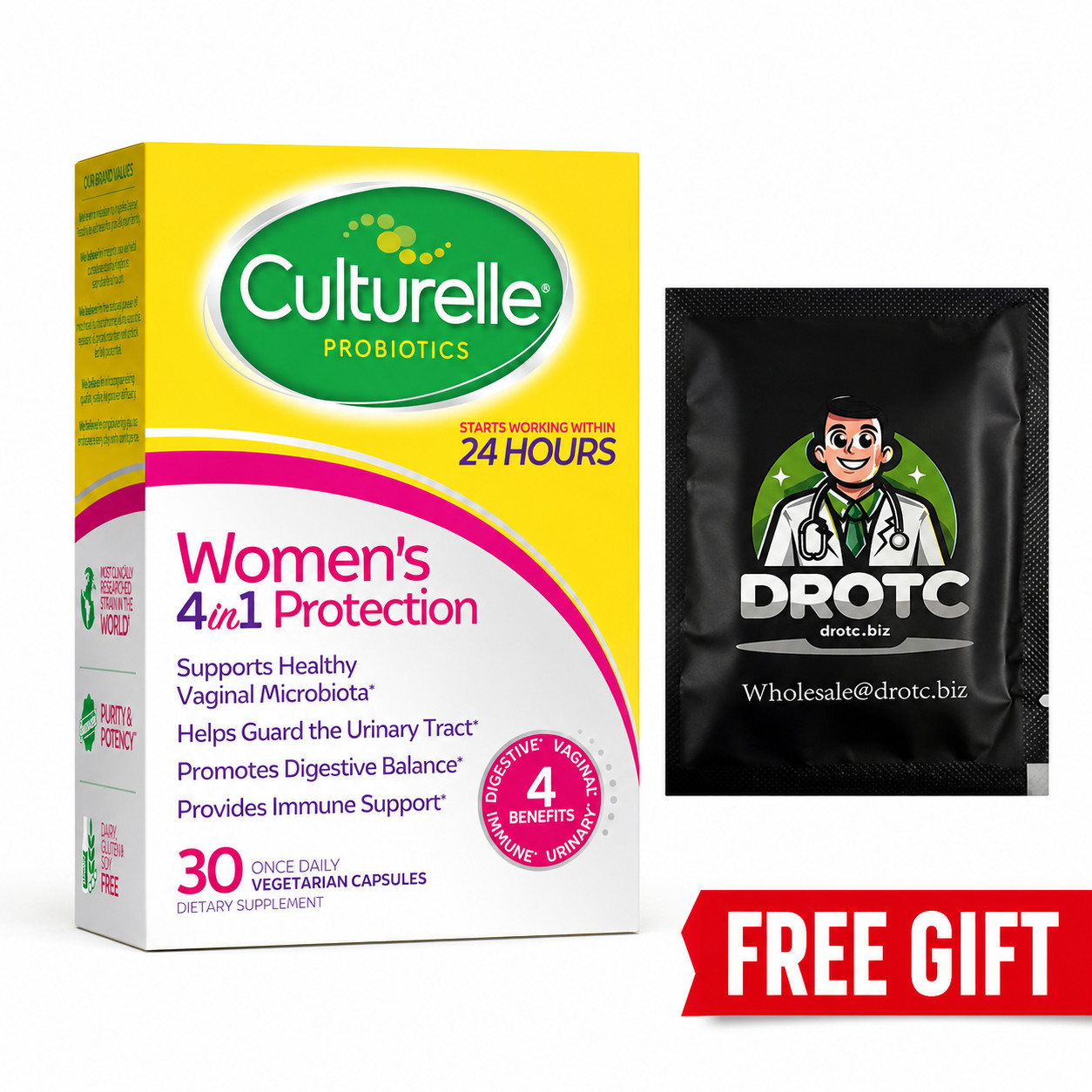 Culturelle Women's 4-in-1 Probiotic 30 Capsules 1 Pack + Free Eye Wipe EXP 08/27 Culturelle Women's 4-in-1 Probiotic 30 Capsules 1 Pack + Free Eye Wipe EXP 08/27