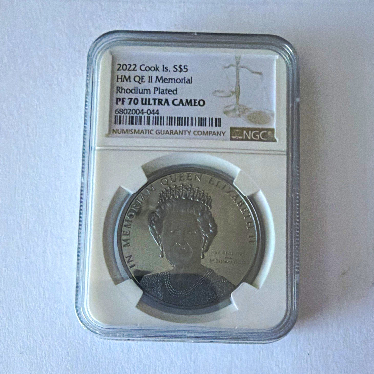 2022 Cook Islands $5 HM QE II Memorial Rhodium Plated NGC PF70 Ultra Cameo