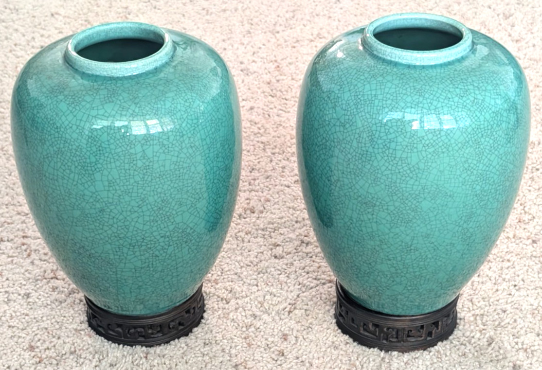 Beautiful Pair Antique Japan Awaji Pottery Vase Crackle Green 1880's w Pedestals Beautiful Pair Antique Japan Awaji Pottery Vase Crackle Green 1880's w Pedestals