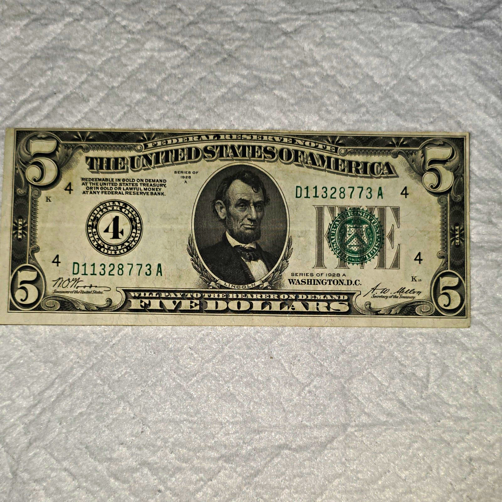 1928A $5 Federal Reserve Note Banknote - Circulated Serial D11328773A 1928A $5 Federal Reserve Note Banknote - Circulated Serial D11328773A