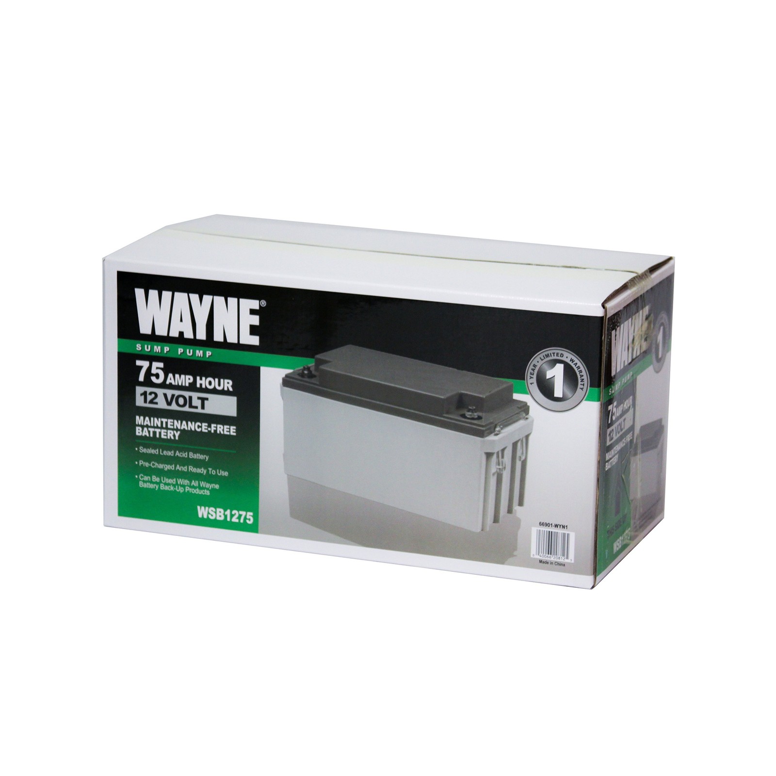 Wayne WSB1275 75Ah Maintenance-Free Battery Recommended ESP25, WSS30VN Baseme... Wayne WSB1275 75Ah Maintenance-Free Battery Recommended ESP25, WSS30VN Baseme...