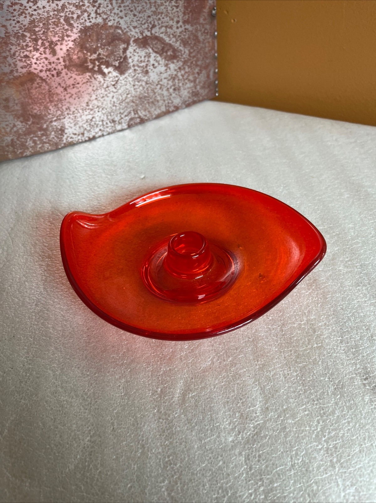 MCM Vintage Viking Art Glass Orange Persimmon Candle Holder  leaf dish