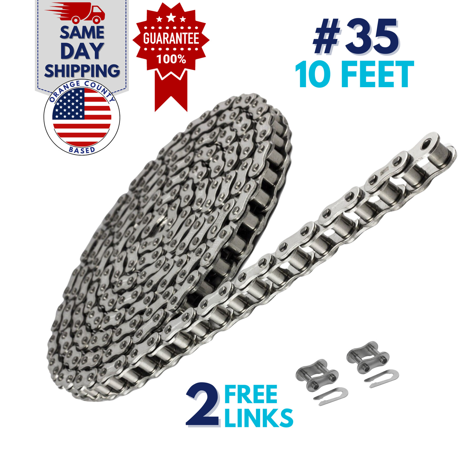 #35 SS Stainless Steel Roller Chain 10 Feet with 2 Connecting Links