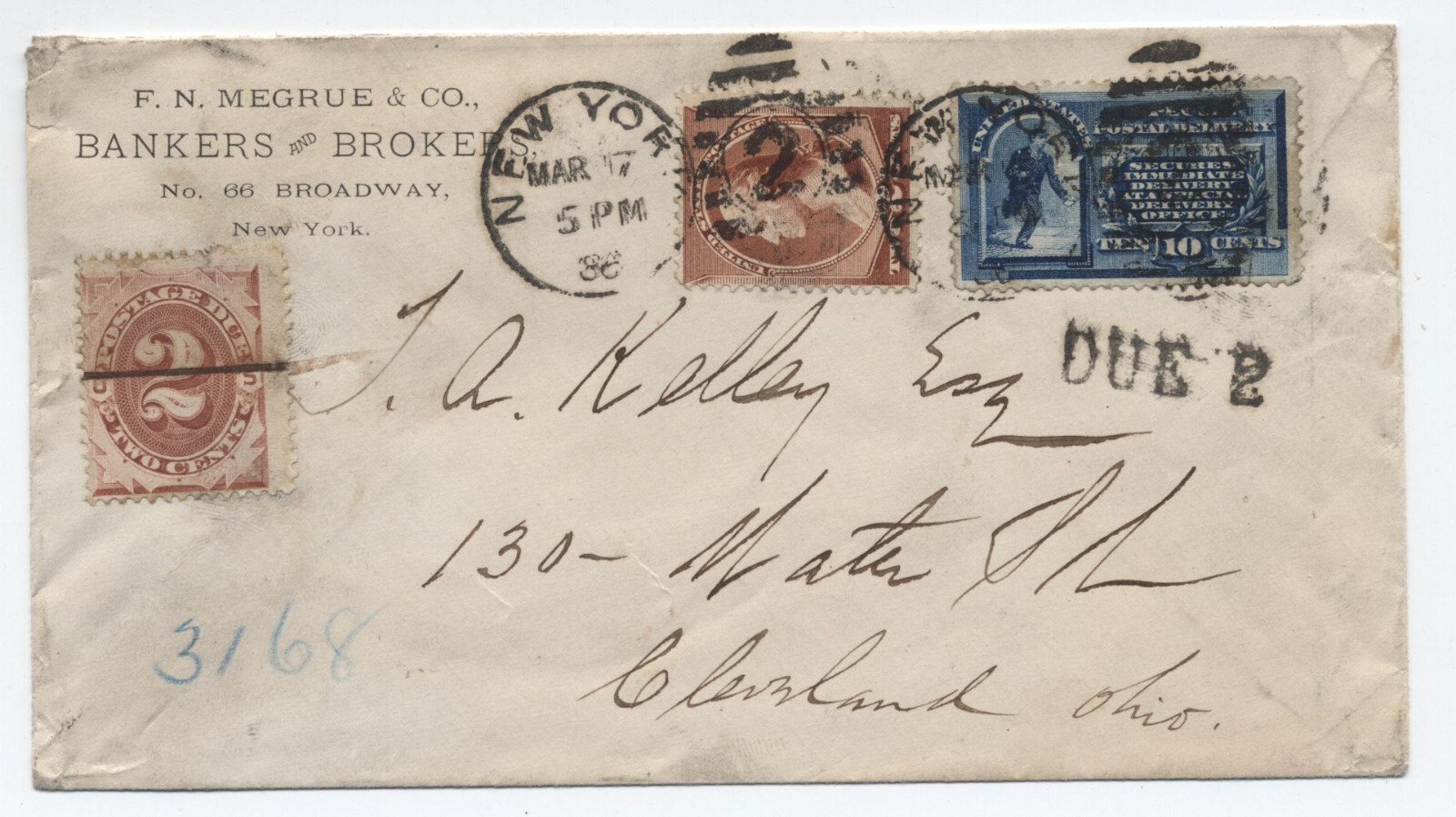 1886 E1 first year cover New York to Cleveland due 2 #210 [6476]