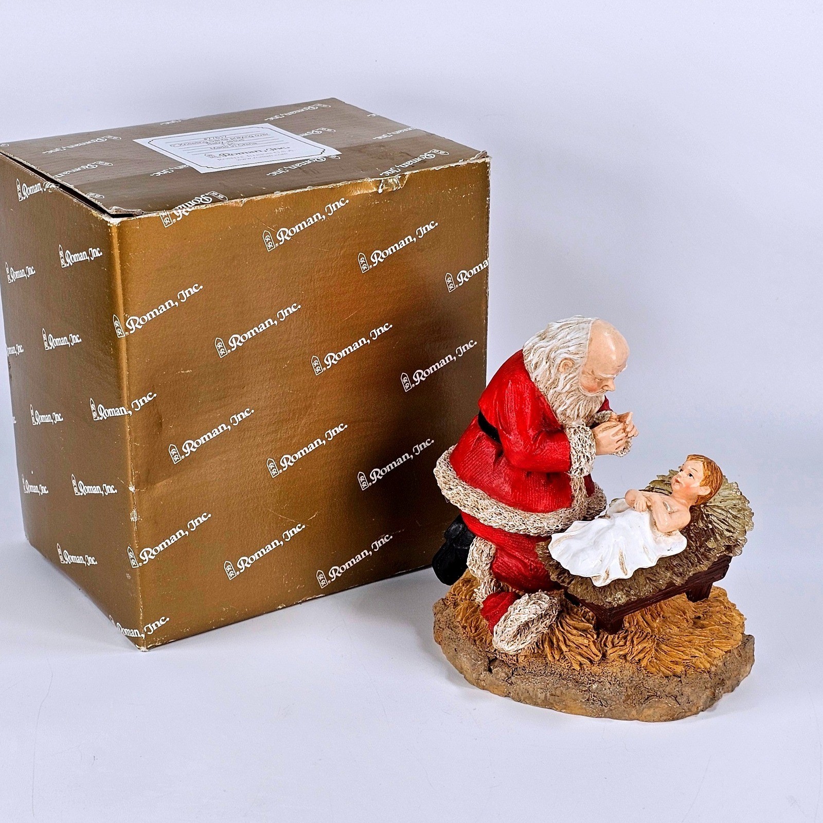 Roman Inc Kneeling Santa Praying Over Baby Jesus Light Up Figurine 6 Inch