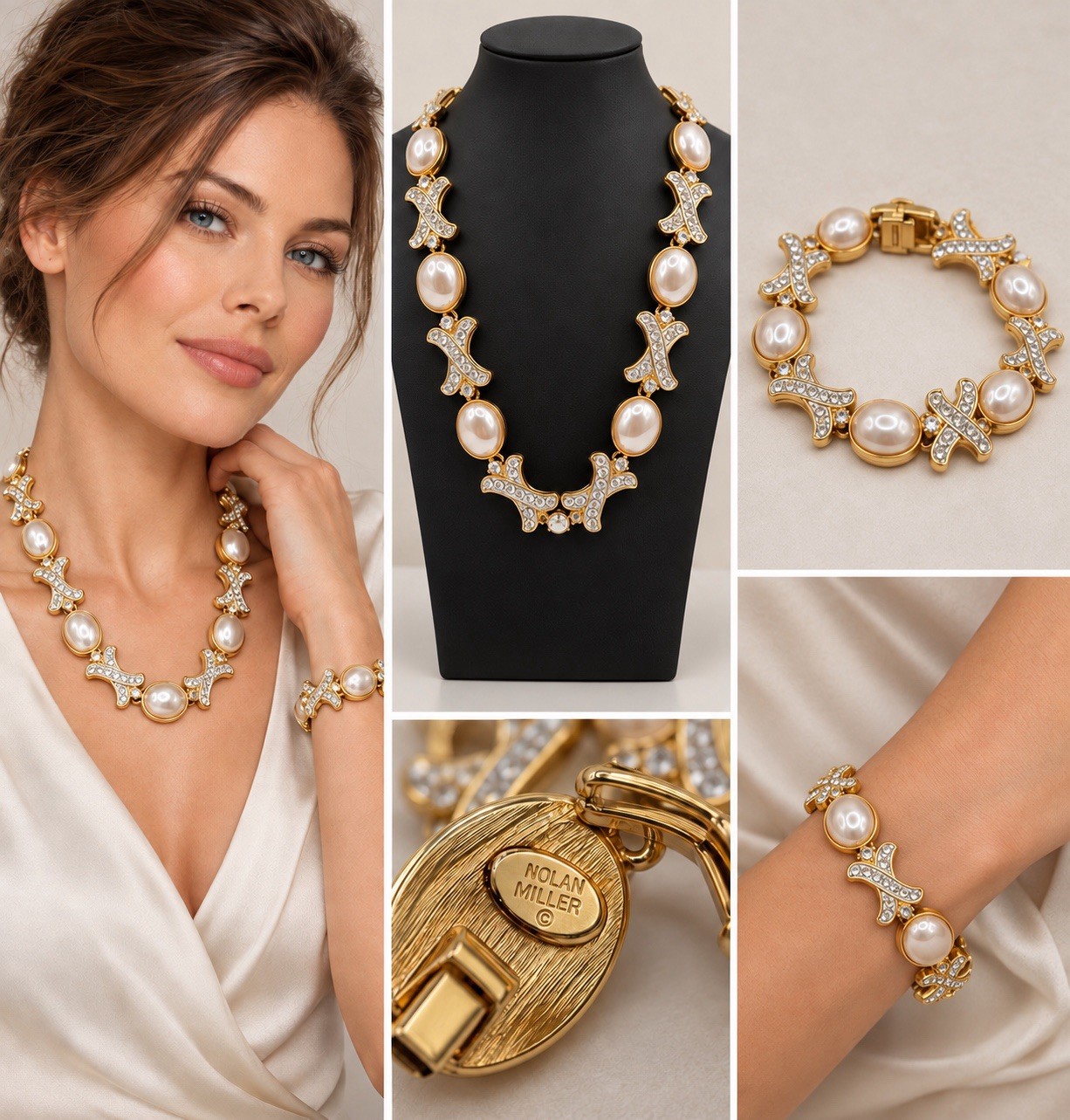 Vintage Nolan Miller Faux Pearl & Crystal Necklace Bracelet Set Gold Tone Signed