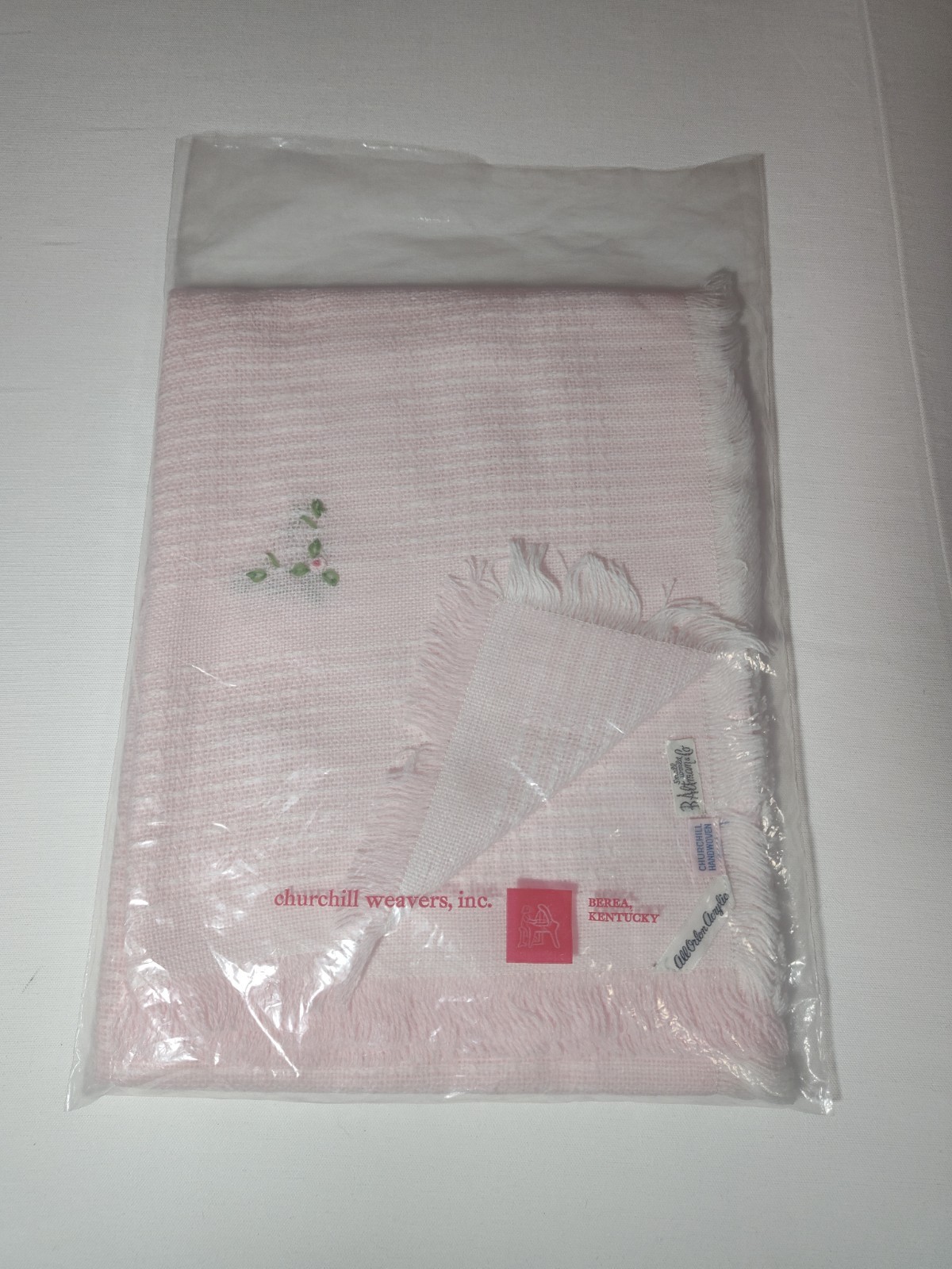 Vintage Churchill Weavers Baby Blanket B Altman Rosebud Hand Embroidered NOS Bag