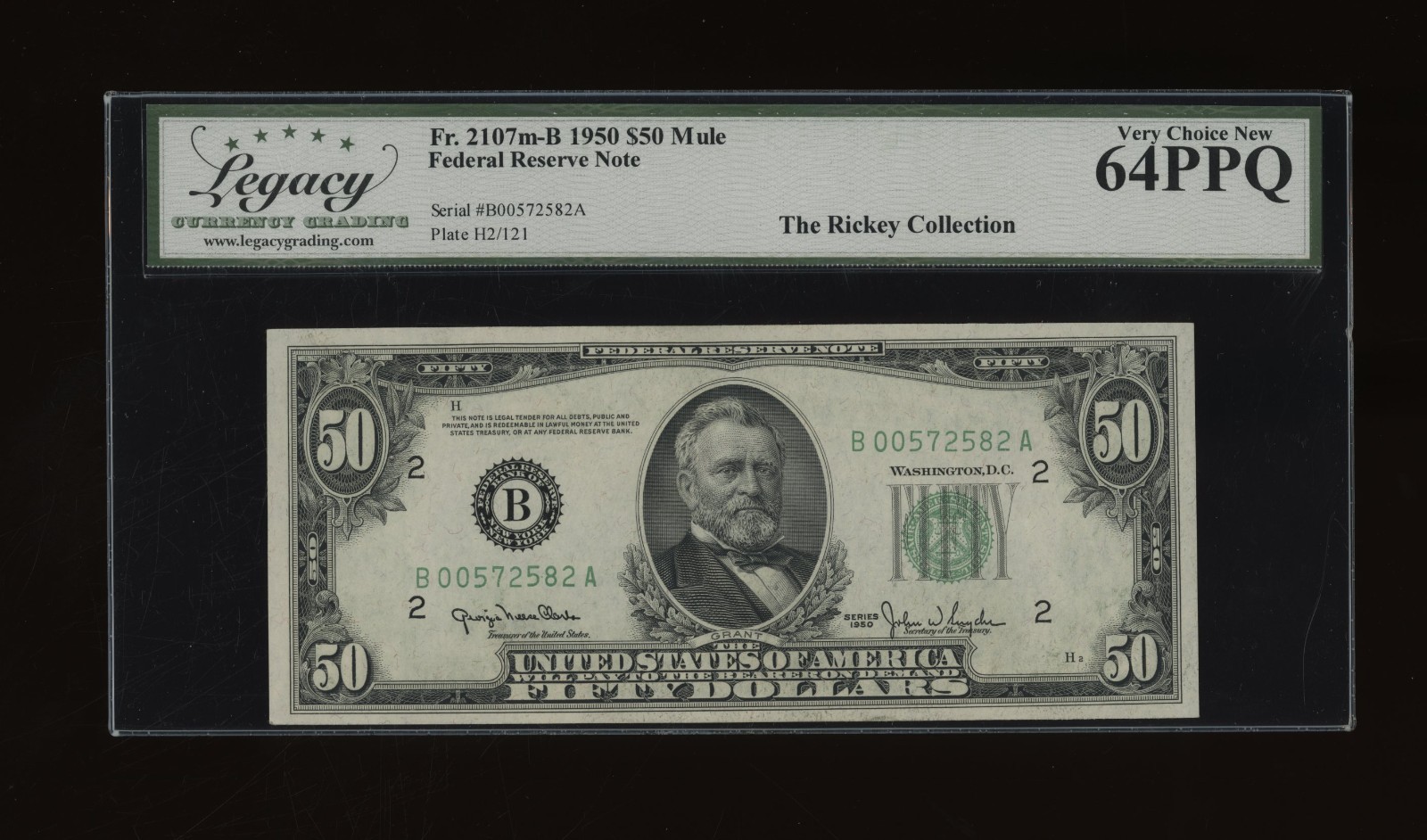 DBR 1950 $50 FRN New York Mule Fr. 2107-Bm Legacy 64 PPQ Serial B00572582A