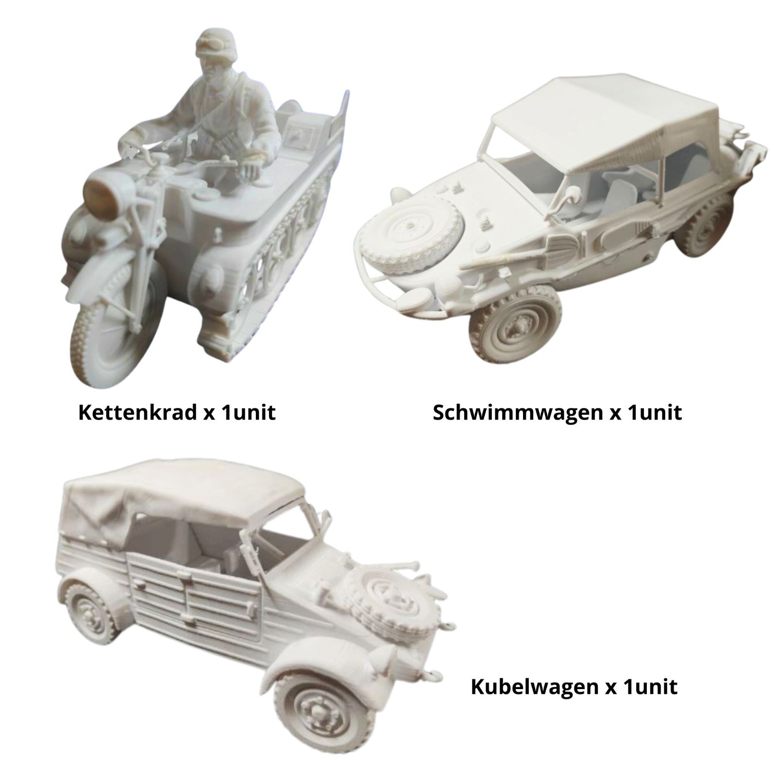 Kettenkrad Schwimmwagen Kubelwagen 1:16 Scale 3D Printed Models Kits DIY Kettenkrad Schwimmwagen Kubelwagen 1:16 Scale 3D Printed Models Kits DIY