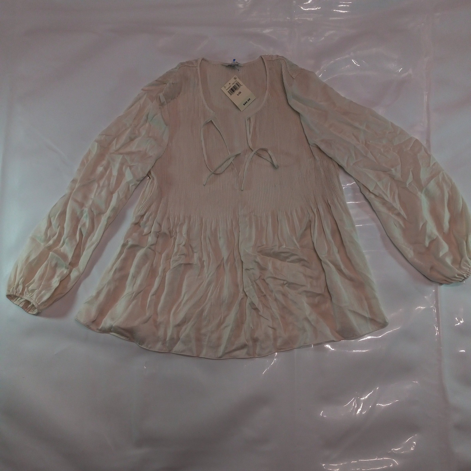 Lucky Brand Womens Cream Micro Pleated Peplum Tie Neck Blouse Large 7W44831 Lucky Brand Womens Cream Micro Pleated Peplum Tie Neck Blouse Large 7W44831