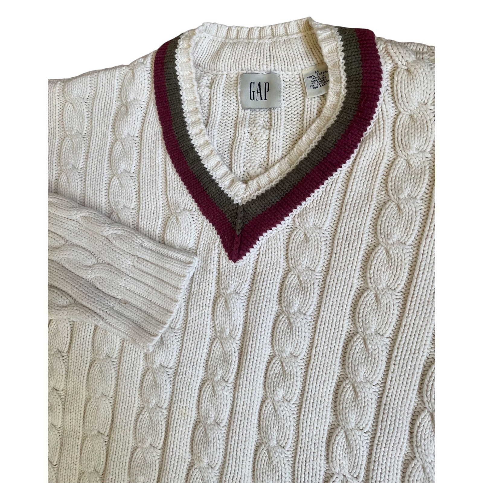 Vintage Gap Mens Cable Knit Sweater Cream White V-Neck Varsity Preppy Cotton M