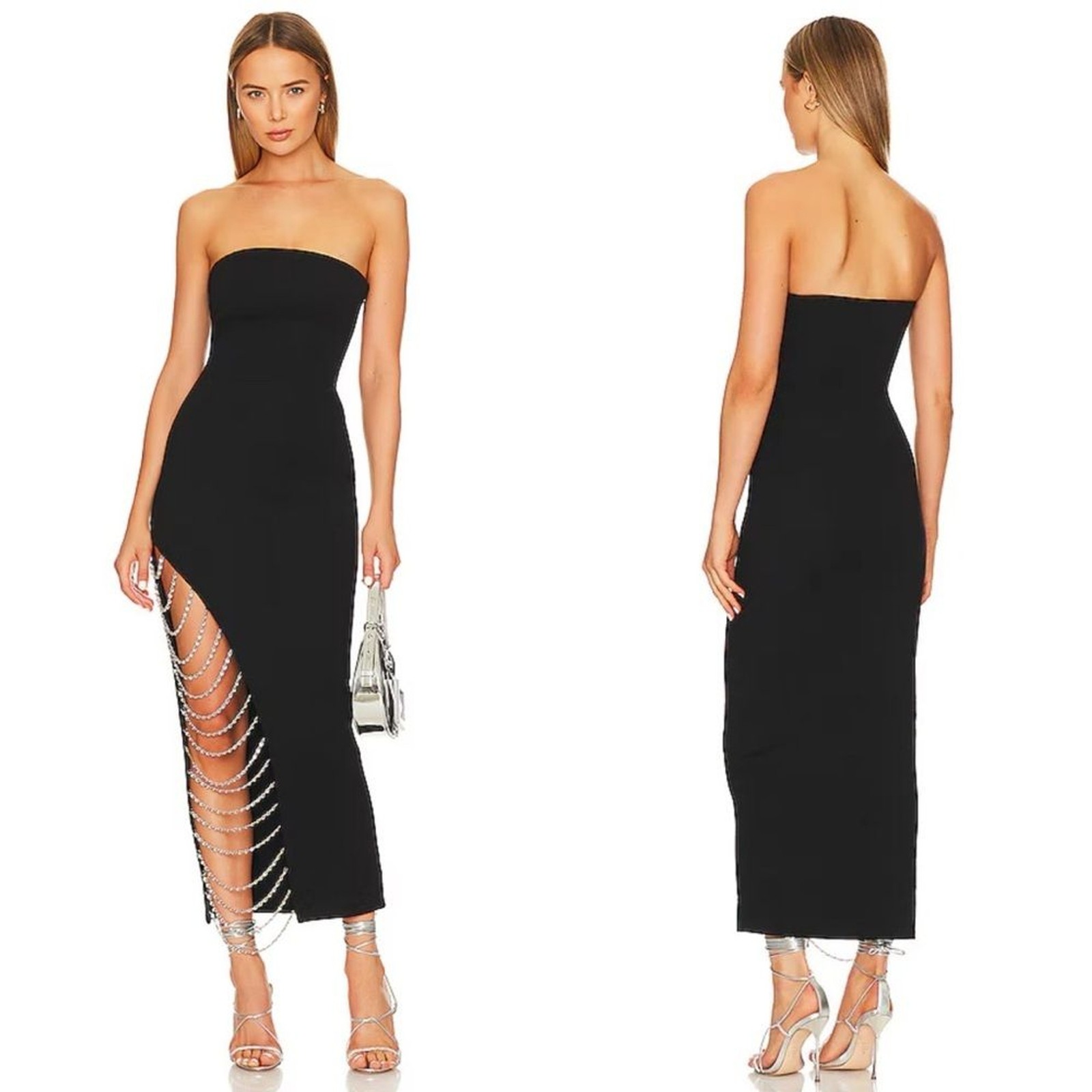 NEW NWT NBD Dana Strapless Jeweled Chain Slit Midi Dress Black SIZE S MSRP $368