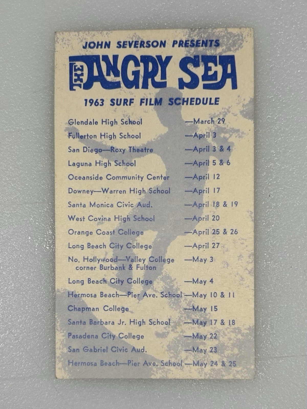 1963 The Angry Sea Surf Film Schedule Paper Card John Severson Super Rare