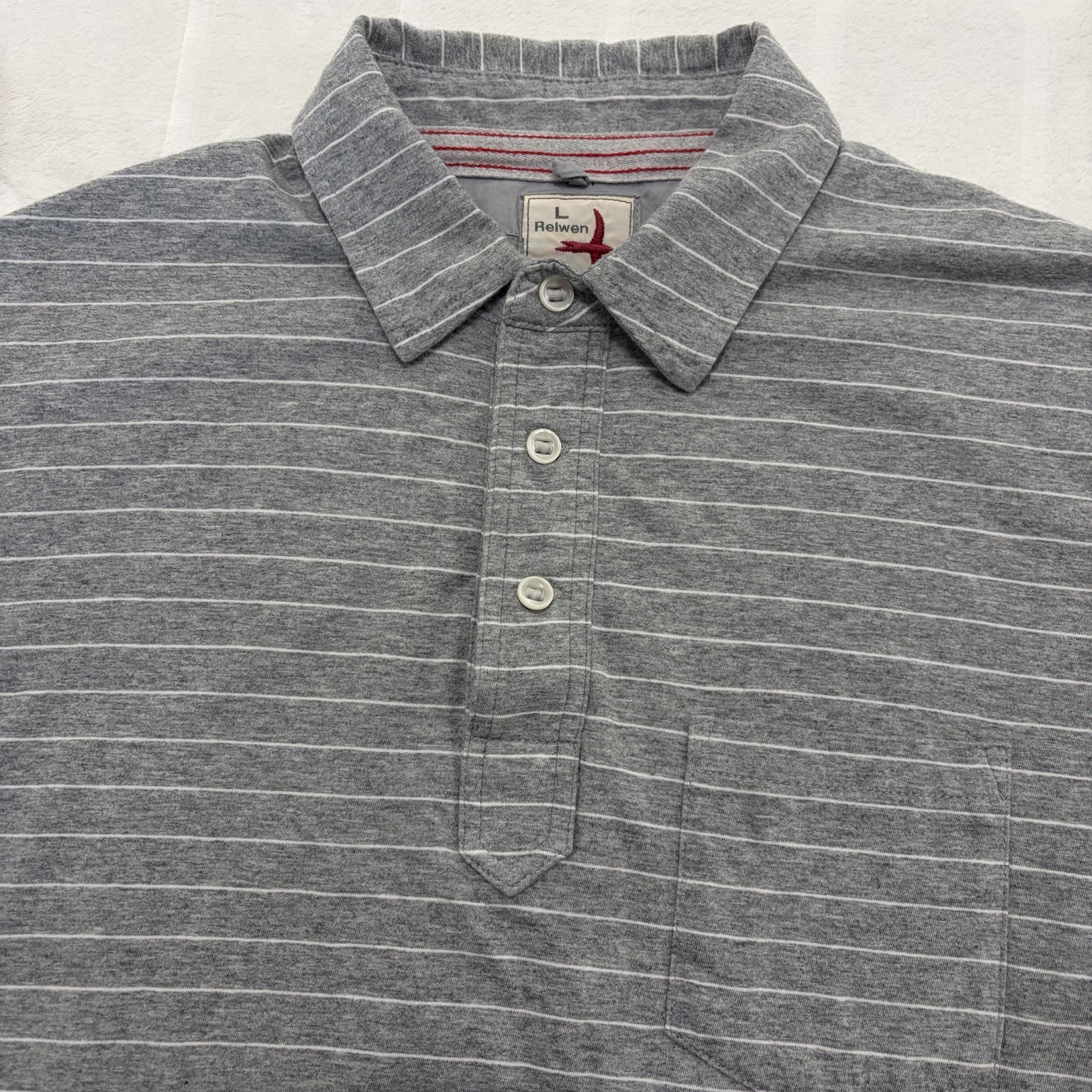 Relwen Polo Shirt Men’s Large Gray Striped Cotton Preppy Pocket Huckberry