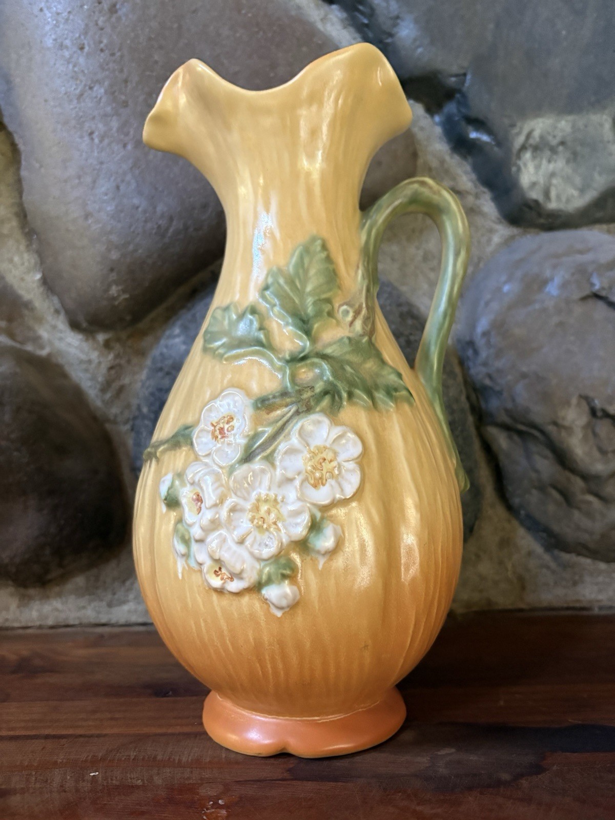 Weller Roba Vintage 1930’s Art Pottery Yellow & Orange Ombré Floral Pitcher R-14