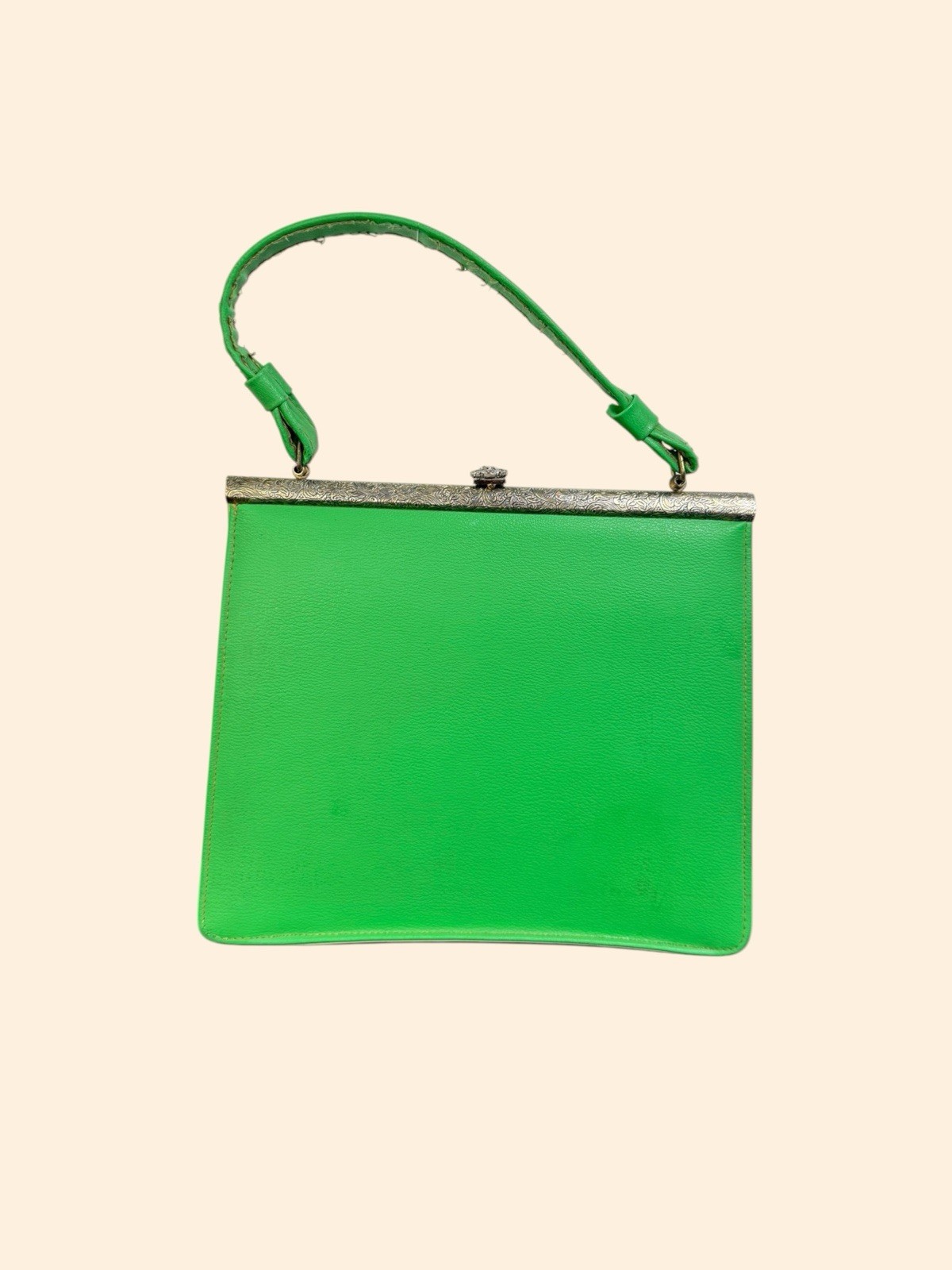 Vintage  1950s 1960s Mod Neon Green Handbag Ornate Frame Rhinestone Clasp Purse