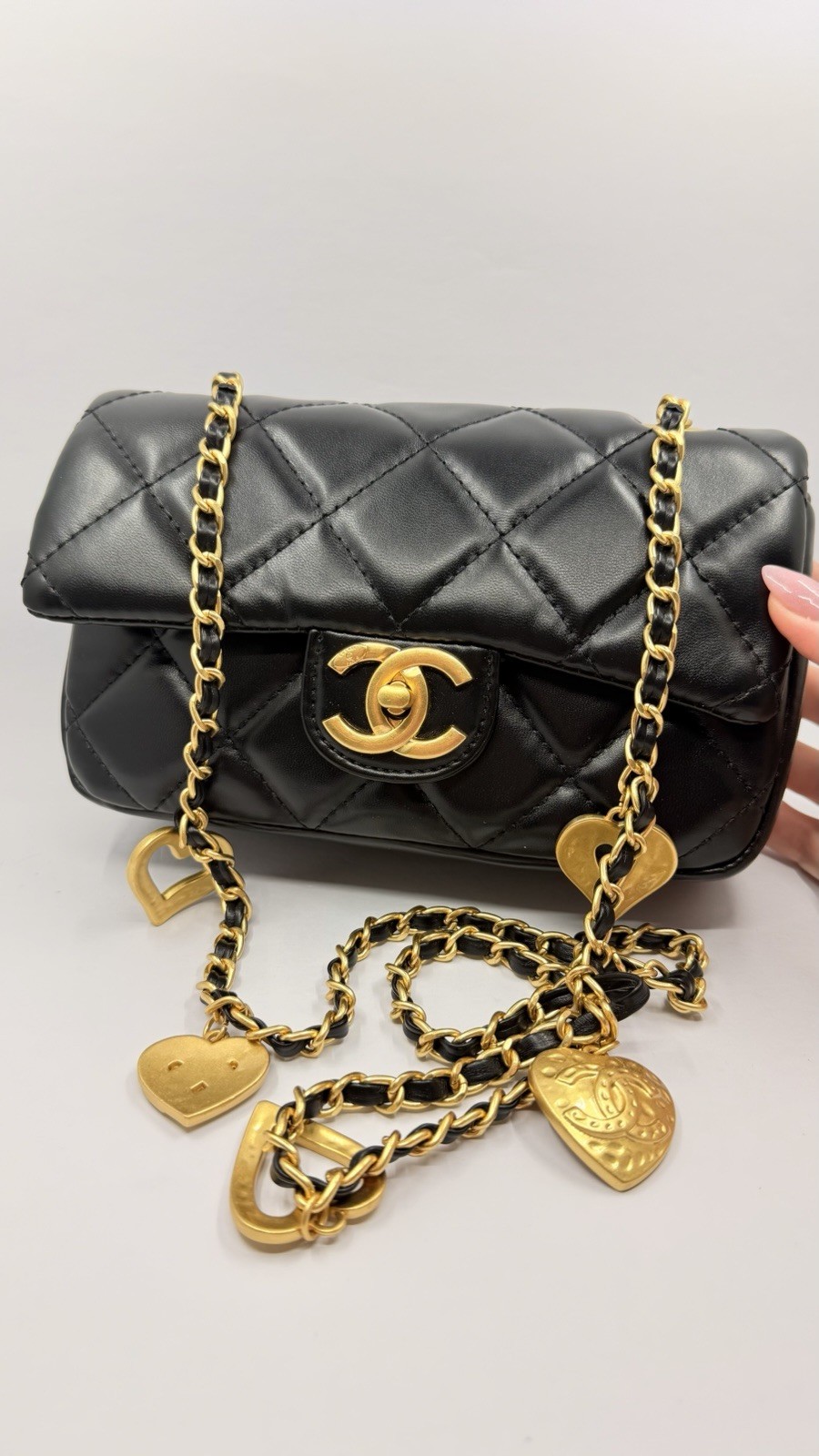 Chanel Beauty GWP Black Quilted Flap Bag Gold Tone Chain Heart Charms