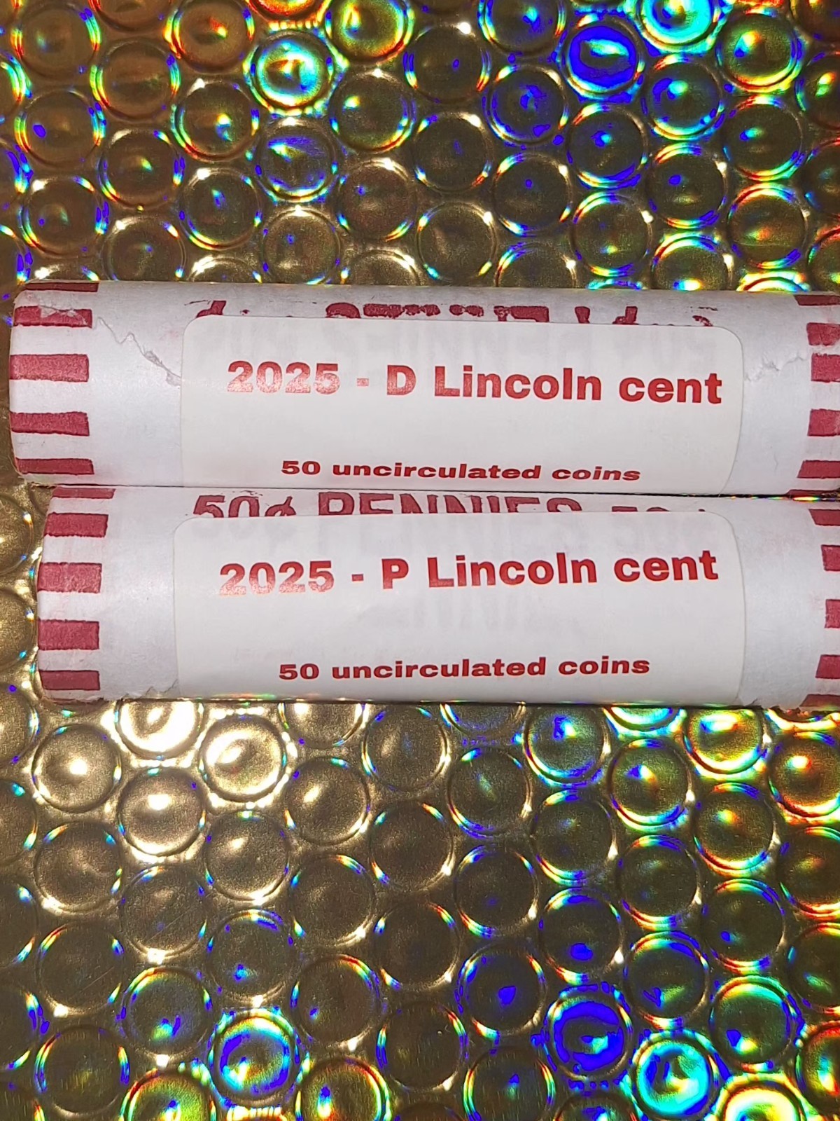 4 rolls of 2025 2P 2D OBW CENTS In Clear Plastic Tube. 4 rolls of 2025 2P 2D OBW CENTS In Clear Plastic Tube.