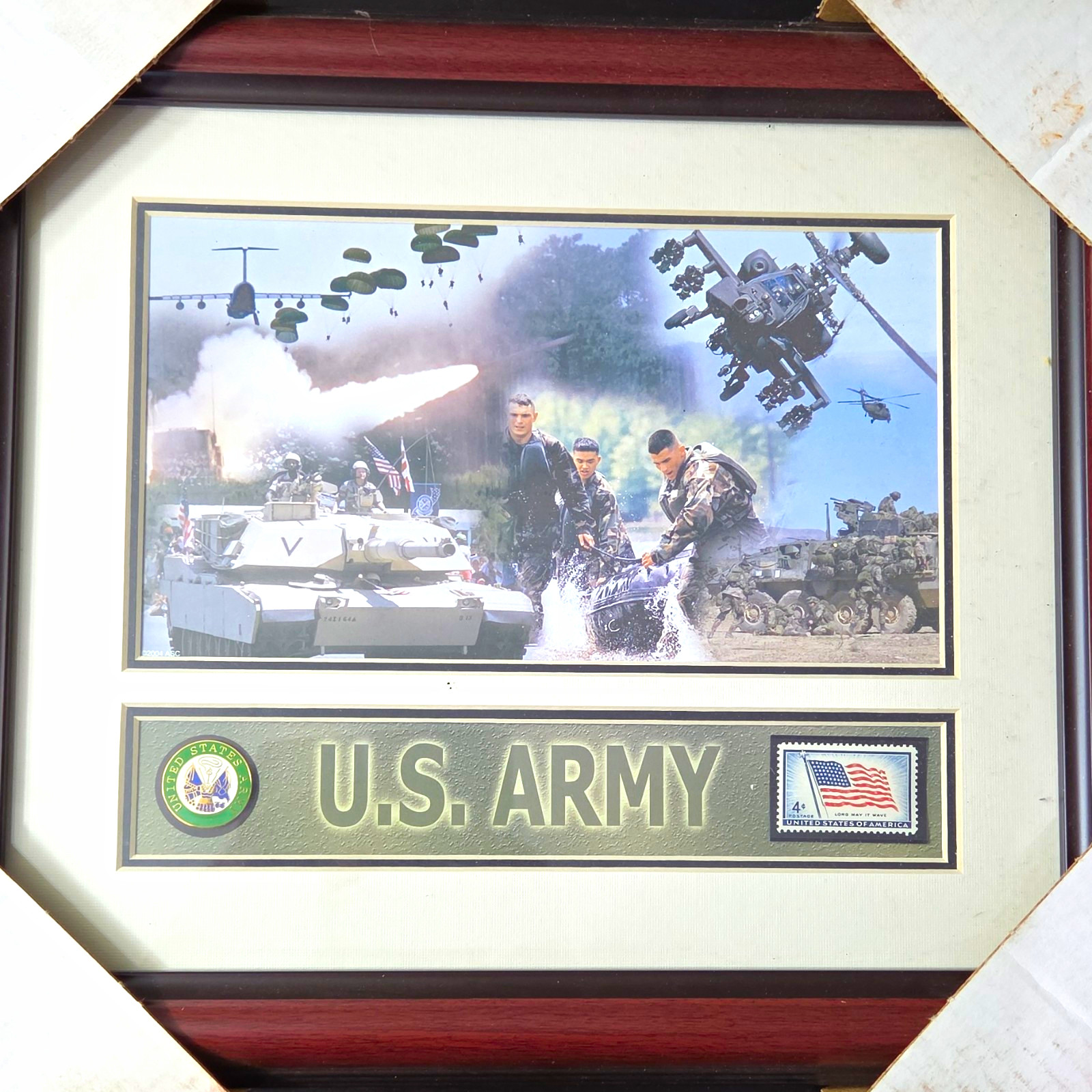 U.S. Army Framed Militaria Print with Army Seal and Flag Postage Stamp U.S. Army Framed Militaria Print with Army Seal and Flag Postage Stamp