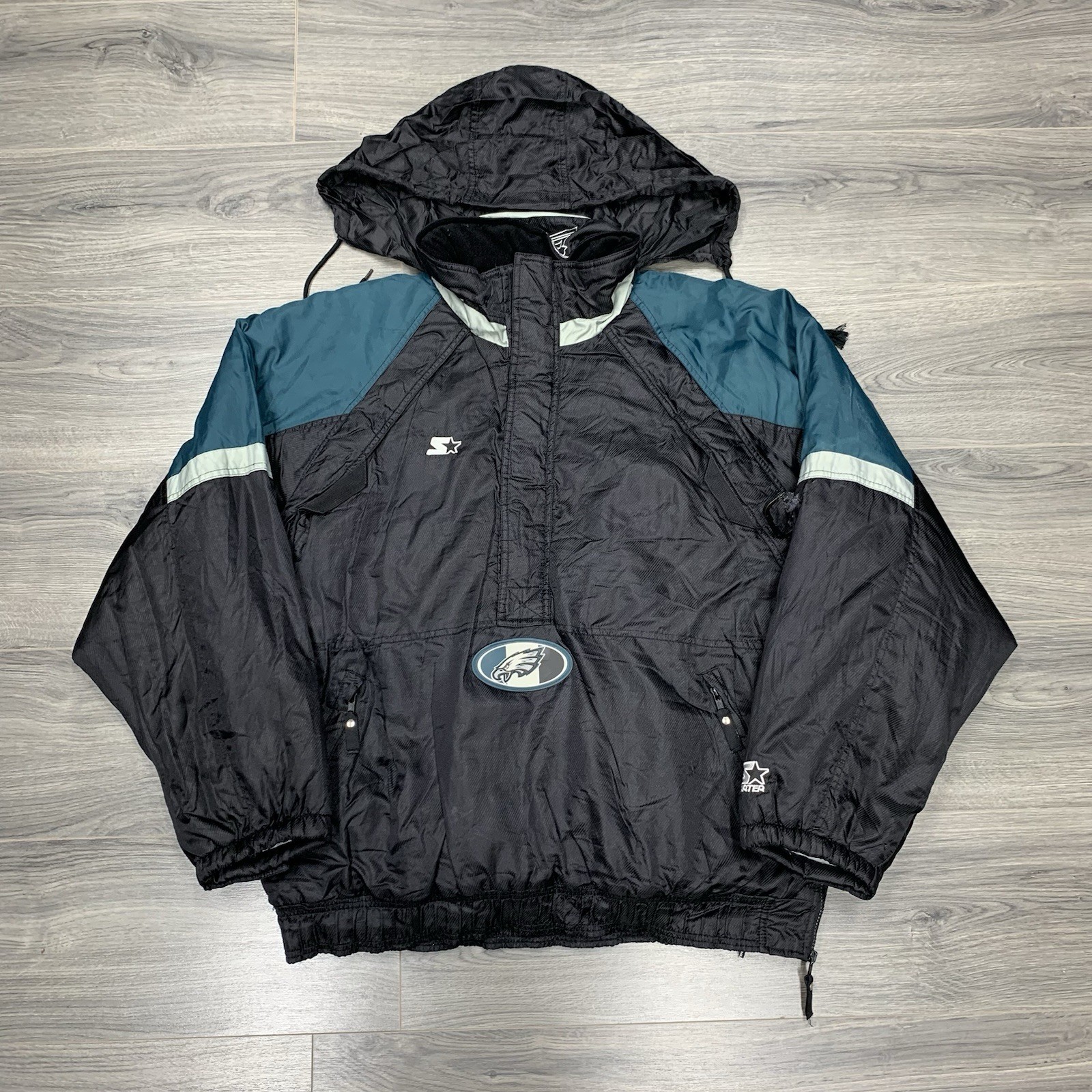 Vintage 1990S Starter Philadelphia Eagles Jacket XL Rare Men’s Black Puffer Hood