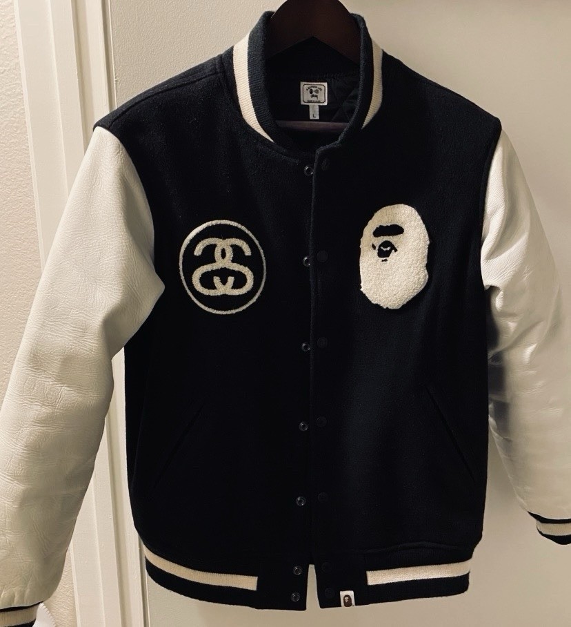 BAPE x STUSSY SURVIVAL OF THE FITTEST VARSITY JACKET OG HOLY GRAIL 🔥SALE BAPE x STUSSY SURVIVAL OF THE FITTEST VARSITY JACKET OG HOLY GRAIL 🔥SALE