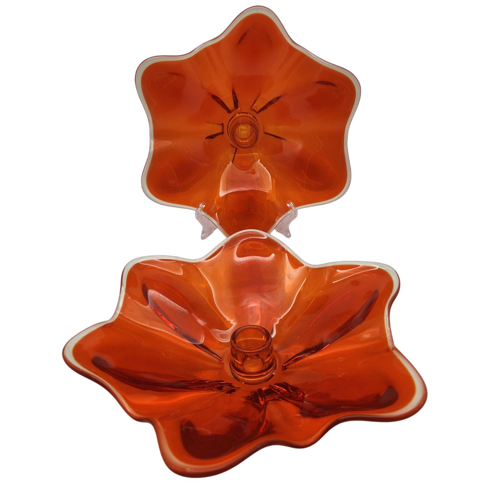 Vintage Viking Orange Clear Art Glass Flower-Shaped Candle Holders - Set Of 2 Vintage Viking Orange Clear Art Glass Flower-Shaped Candle Holders - Set Of 2
