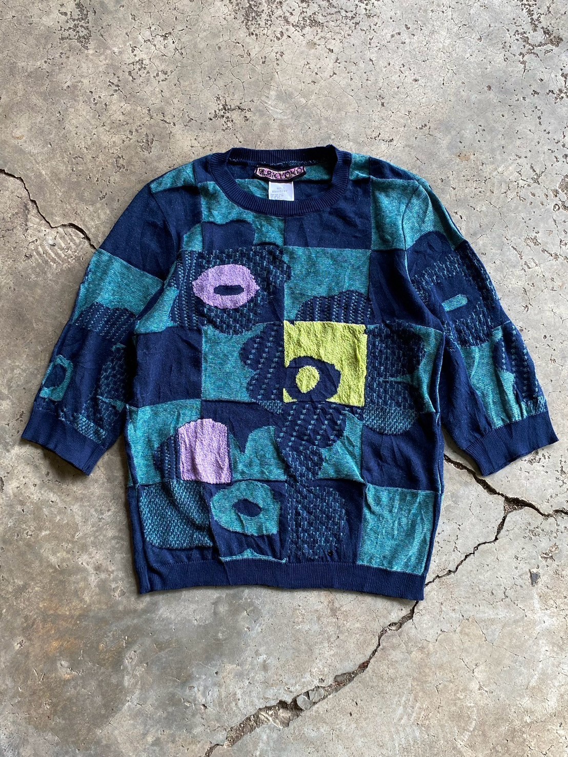 Vintage M.&KYOKO Japan Abstract Patchwork Floral Knit Sweater Made in Japan