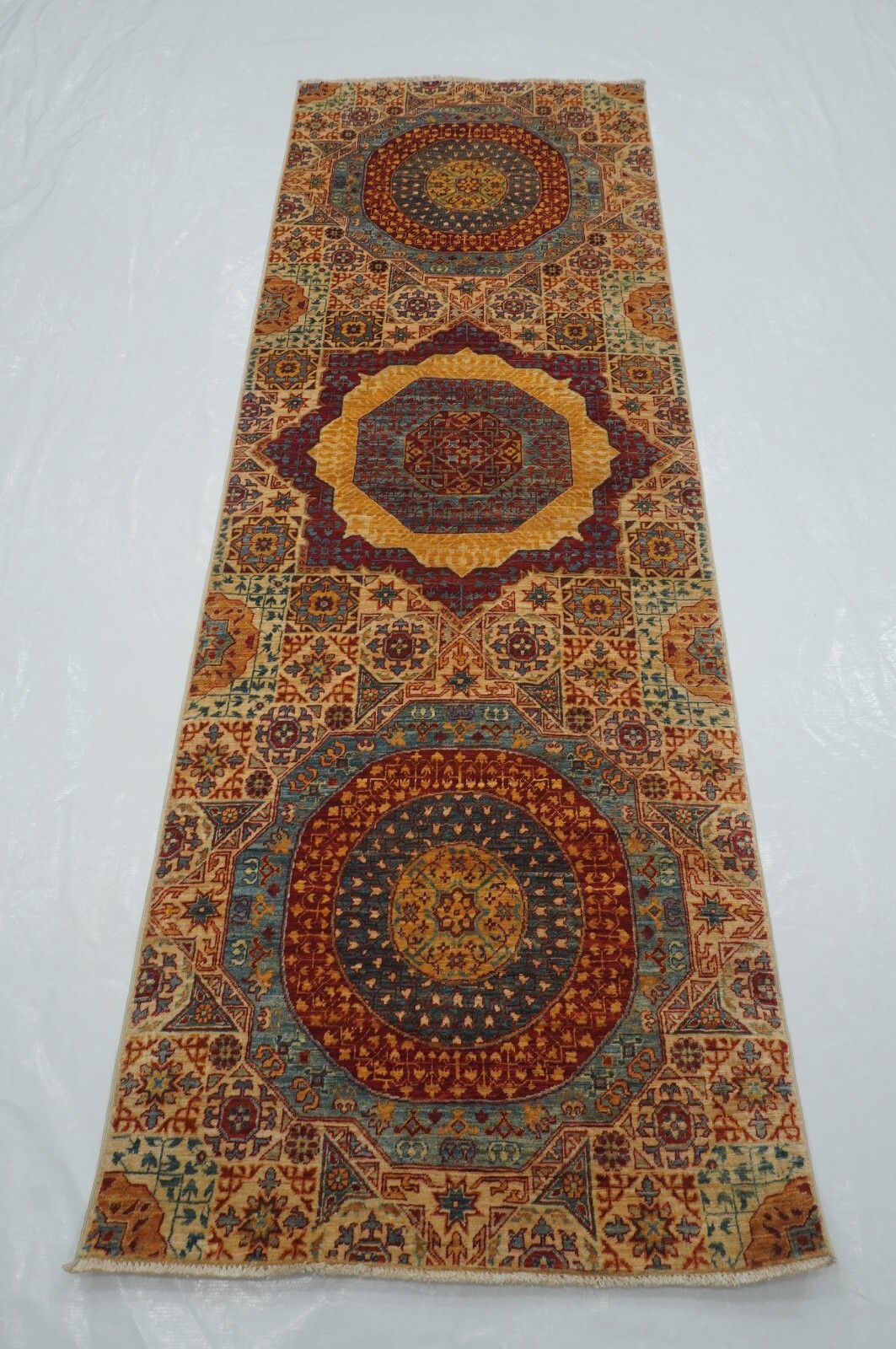 3 x 8 ft Beige Turkish Mamluk Fine quality Hand knotted Medallion Runner Rug