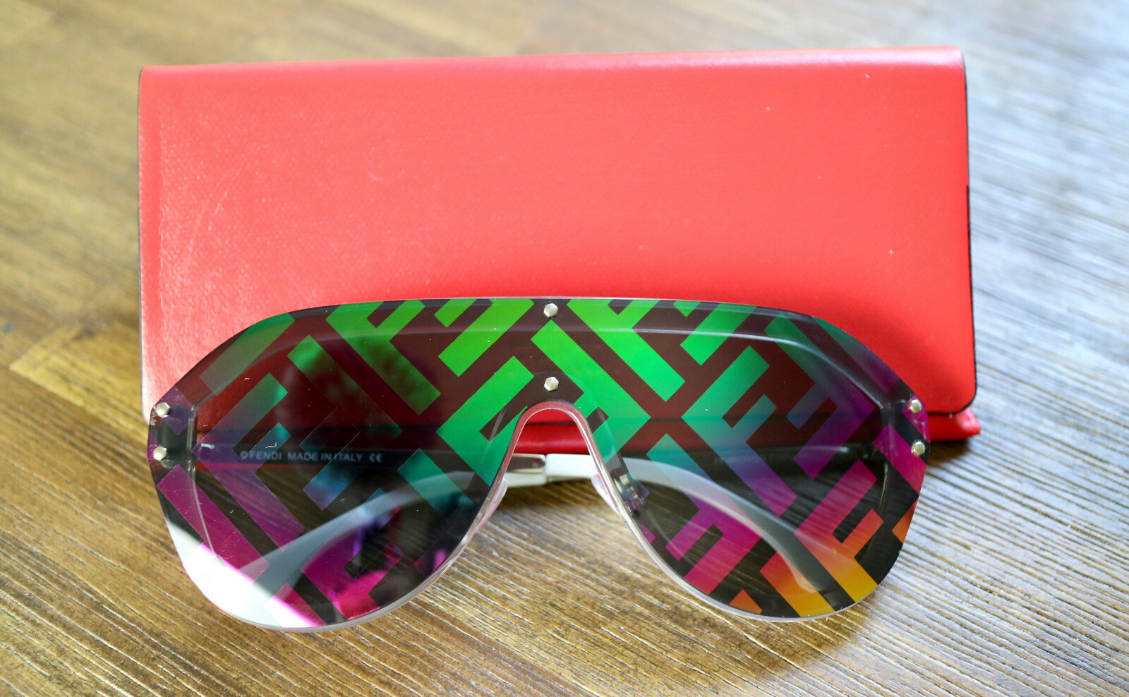 Fendi FFM0039 F74R3 Rainbow Lens Silver Frame Oversized Shield Sunglasses