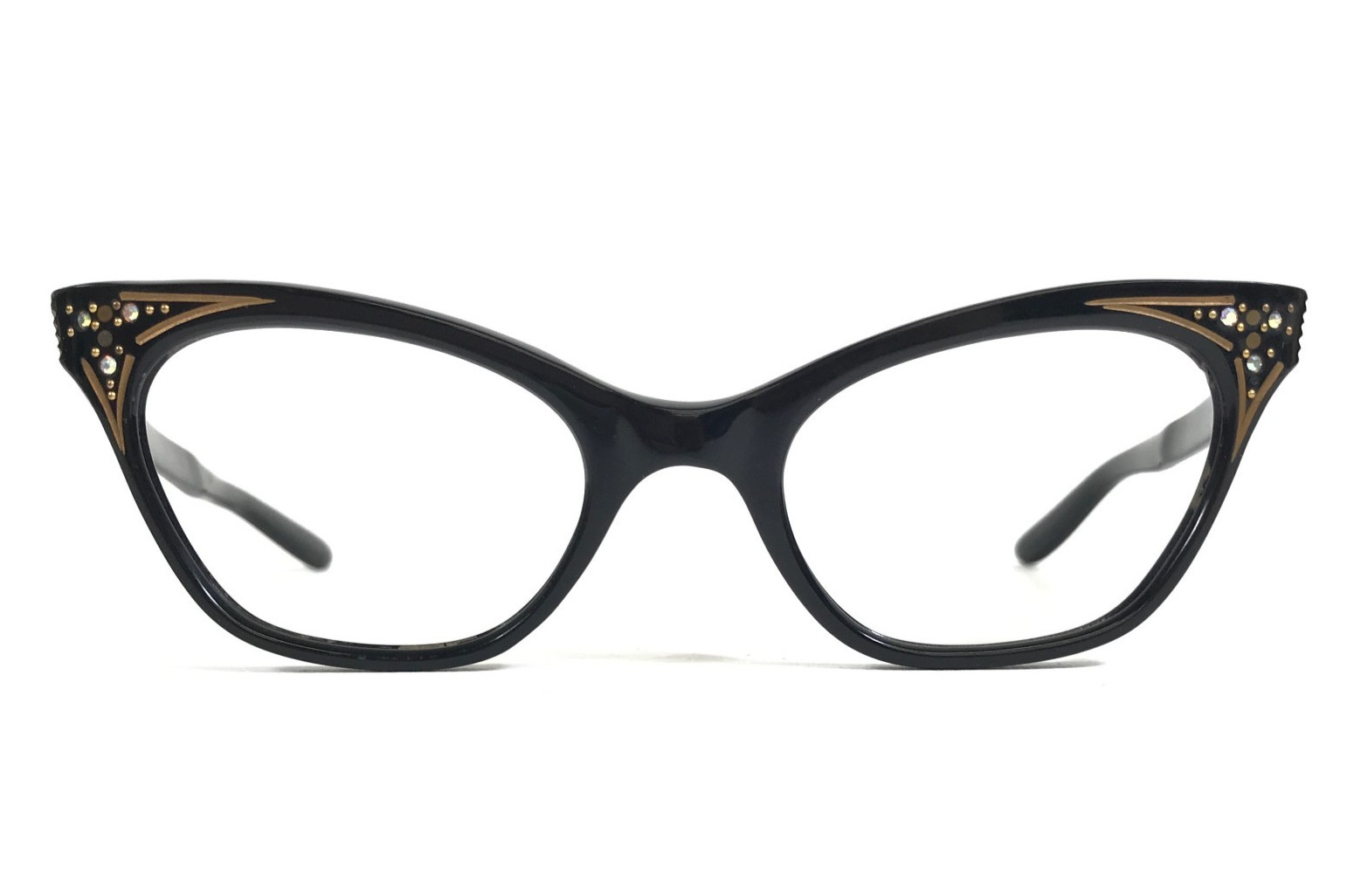 Vintage INDO Eyeglasses Frames Shiny Black Gold Corner Rhinestones 48-22-138 Vintage INDO Eyeglasses Frames Shiny Black Gold Corner Rhinestones 48-22-138