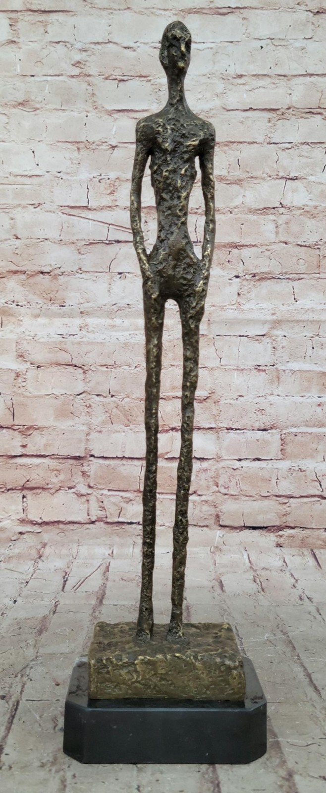 Standing Tall Man Gia Stick Figurine Bronze Sculpture Marble Base Statue Decor