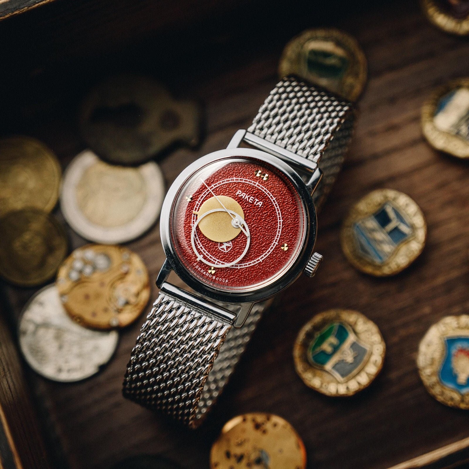 Raketa Copernicus Red Dial Vintage Soviet (USSR) 1980 Wrist Watch - UNWORN 