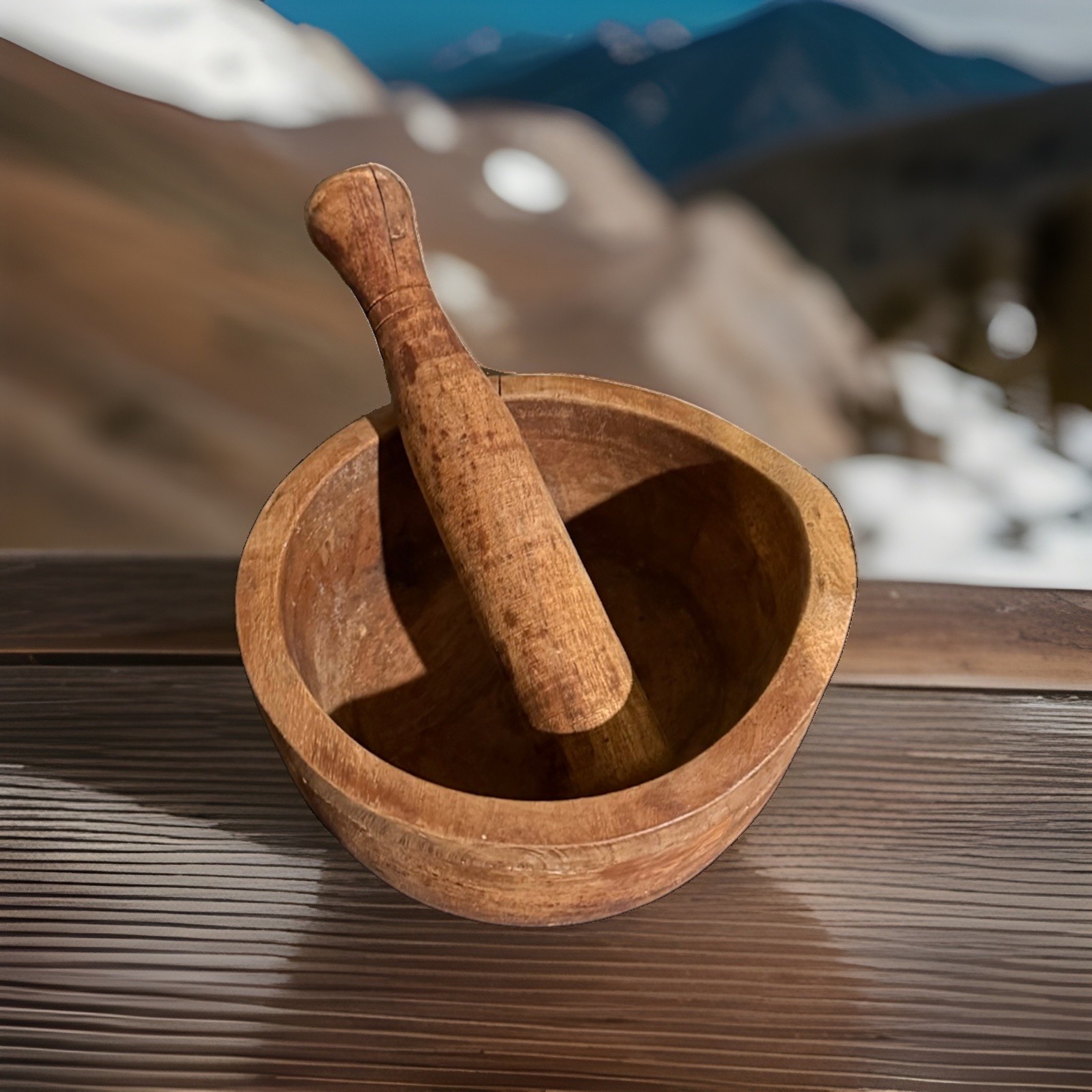 Vintage Turned Wood Mortar & Pestle Primitive Rustic Kitchen Tool 5.5”