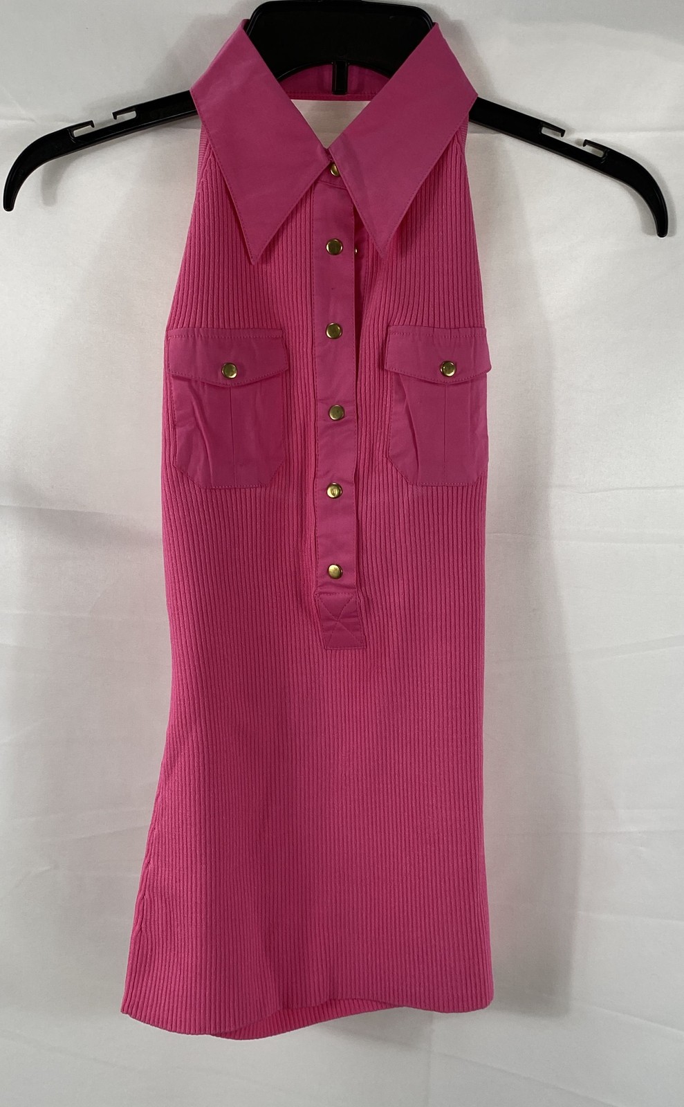 Cache Women\'s Peony Pink Ribbed Sleeveless Collared Top Gold Buttons Sz S NWT