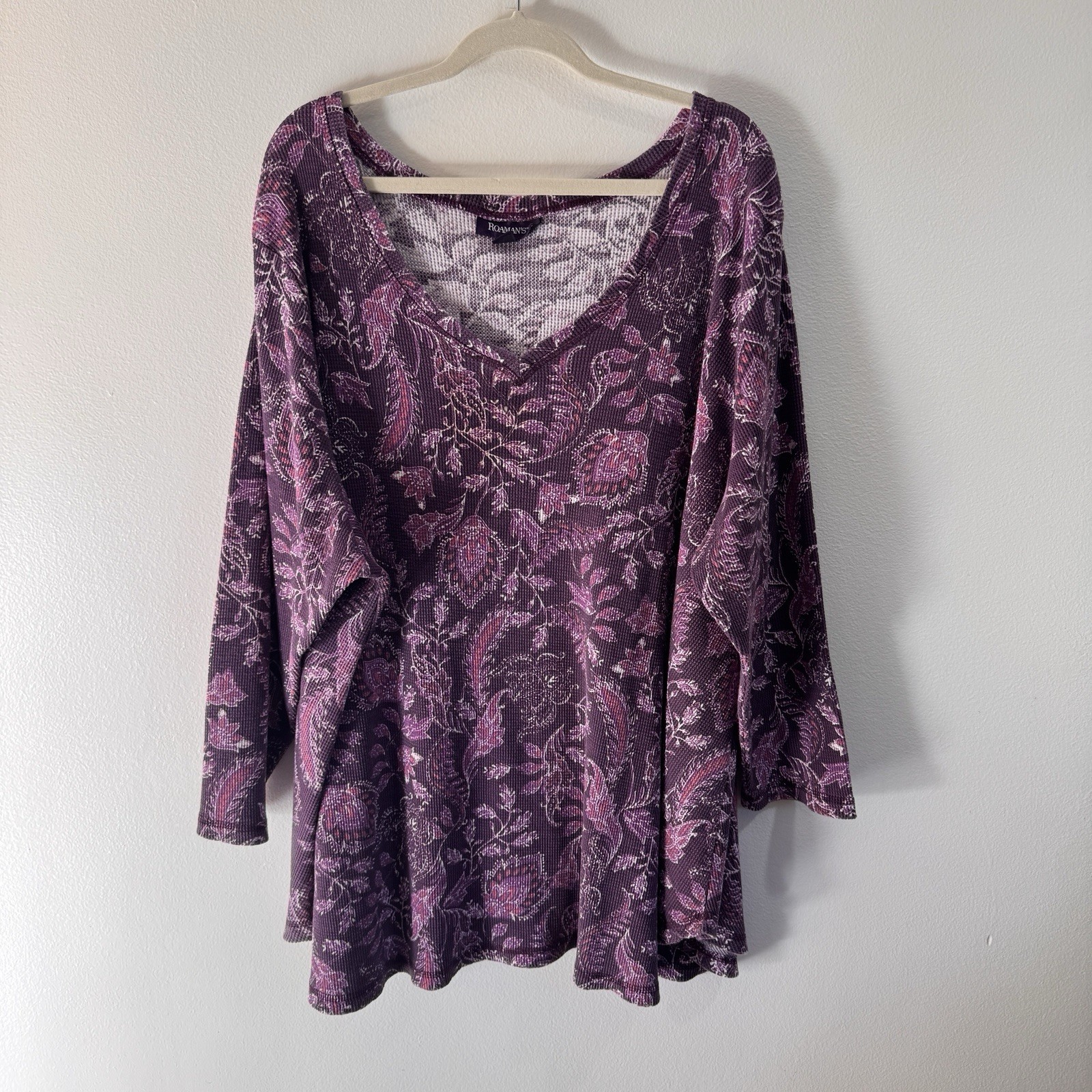 Roaman\'s Blouse Shirt Tunic 34/36 4X Purple Paisley Waffle Thermal Knit V-neck