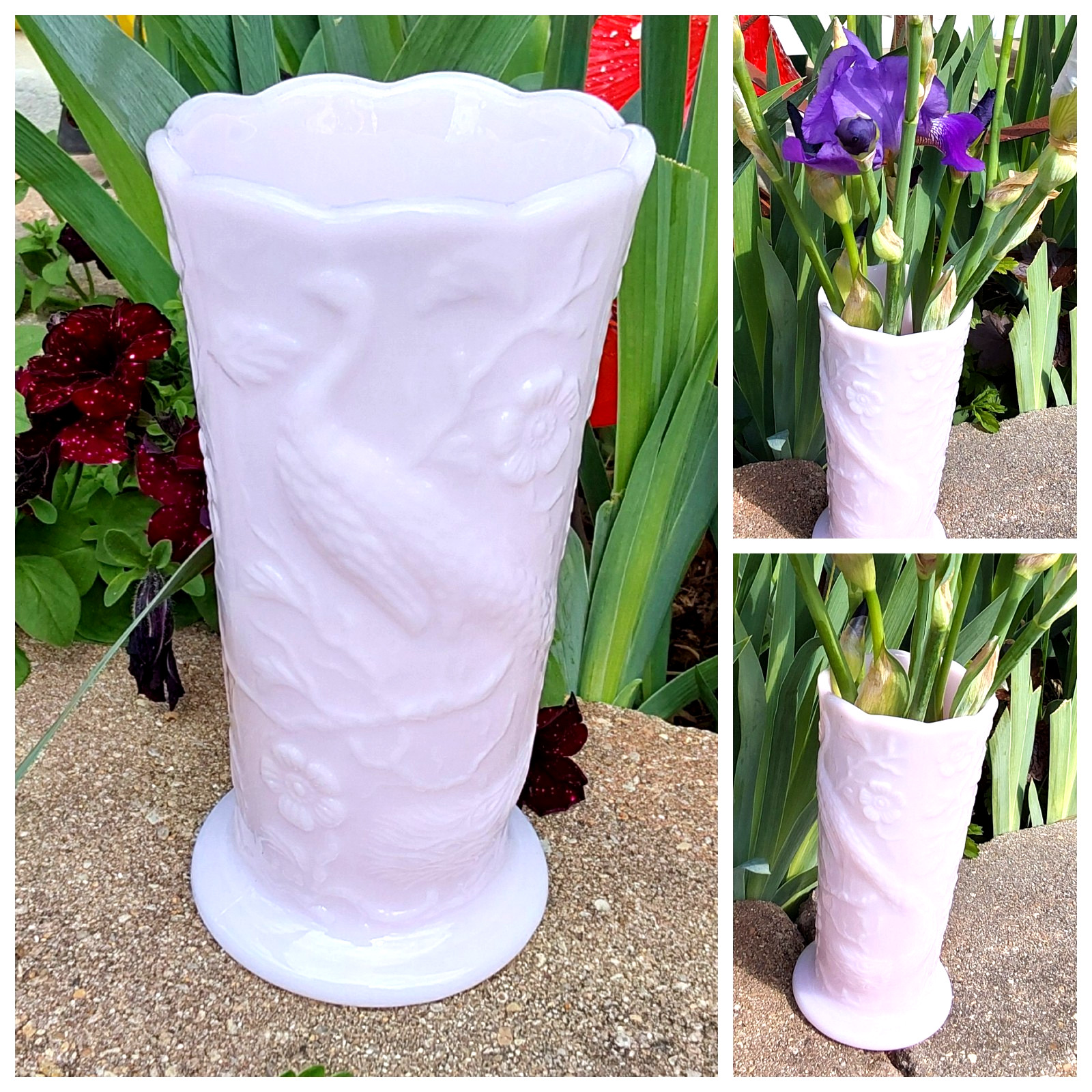Vintage Fenton Pink Milk Glass Peacock Garden Vase 7.75\