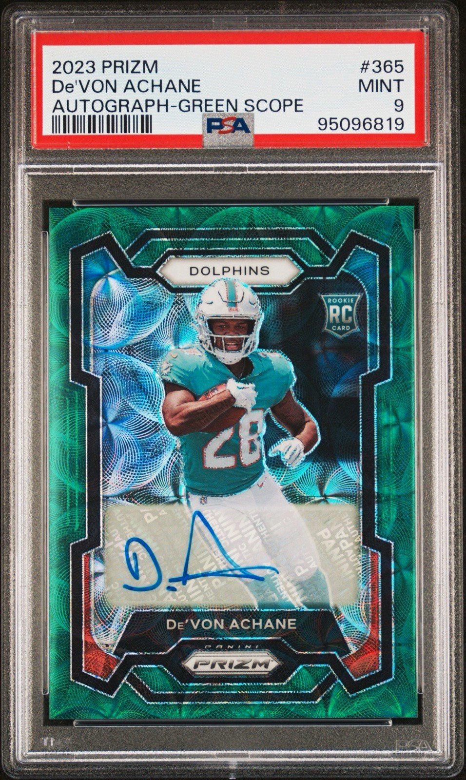 2023 Prizm De’Von Achane Green Scope RC Auto /75 PSA 9 Dolphins