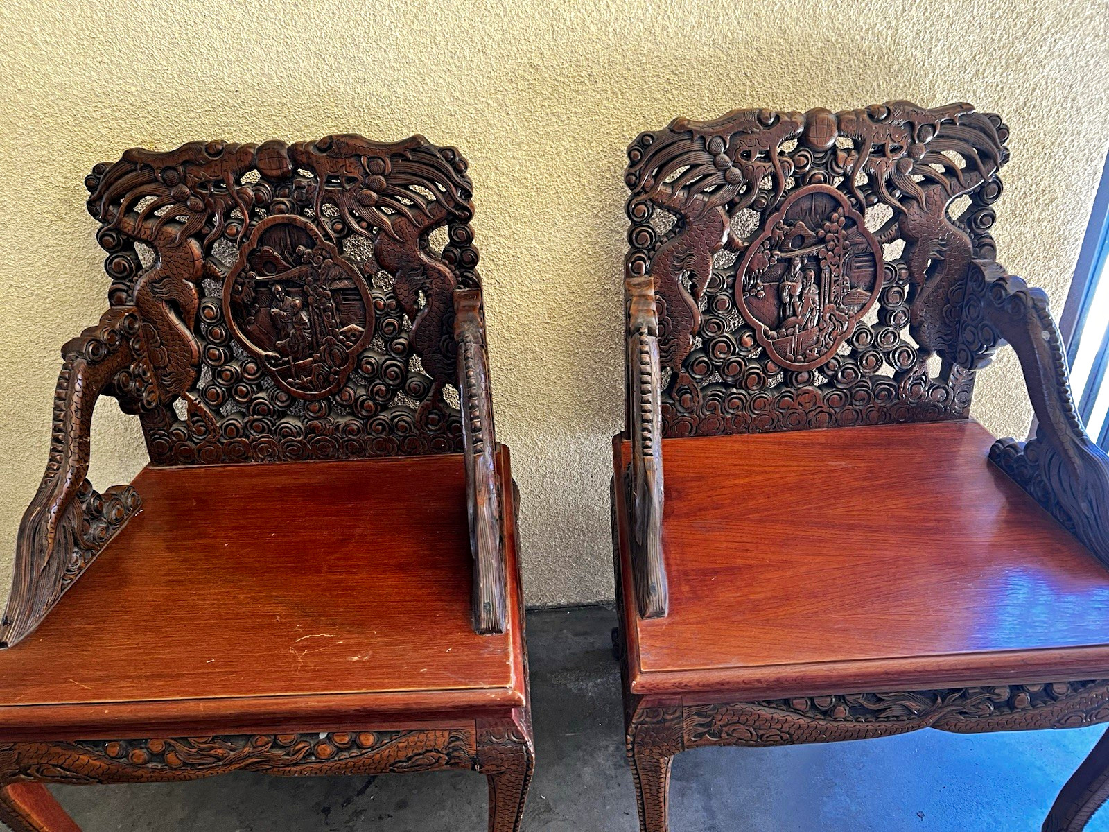 Set of 2 Antique Carved Wood Accent Chairs w/ Arms Brown