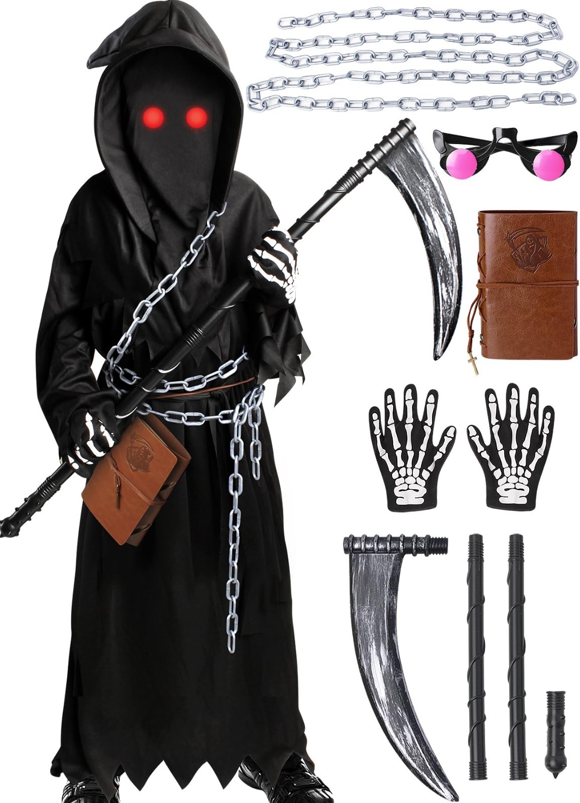 Kids Grim Reaper Costume Set, 7 PCS Scary Halloween Outfit for Boys