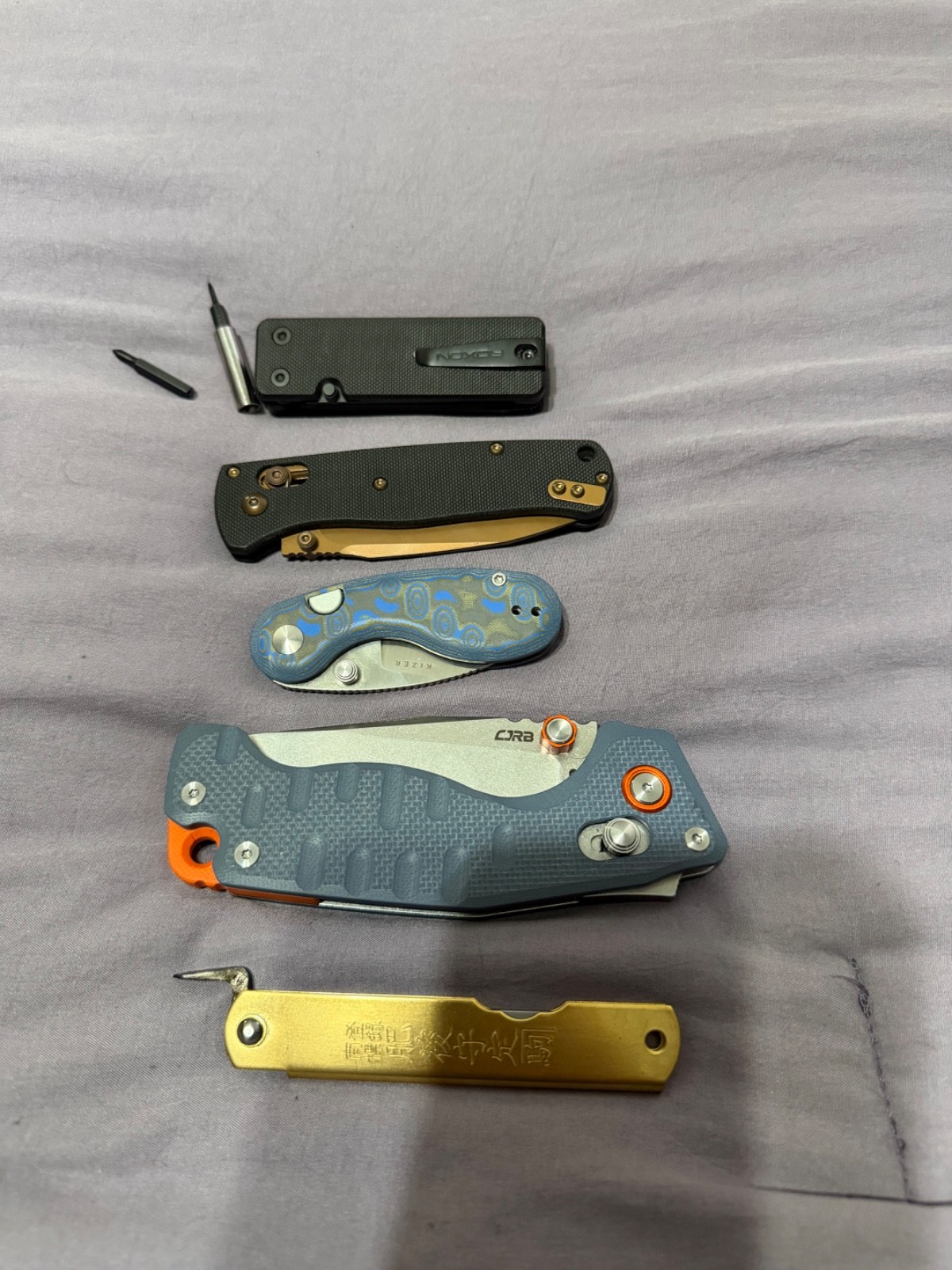 lot of 5 edc pocket knives. civivi CJRB Higokami Virenknife Roxon mutitool