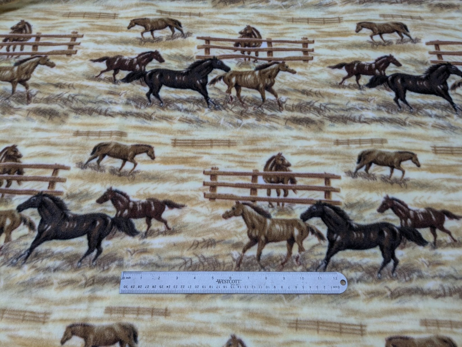 Pretty Horses on White/Tan with Fence Fleece Fabric, Sold by the Yard