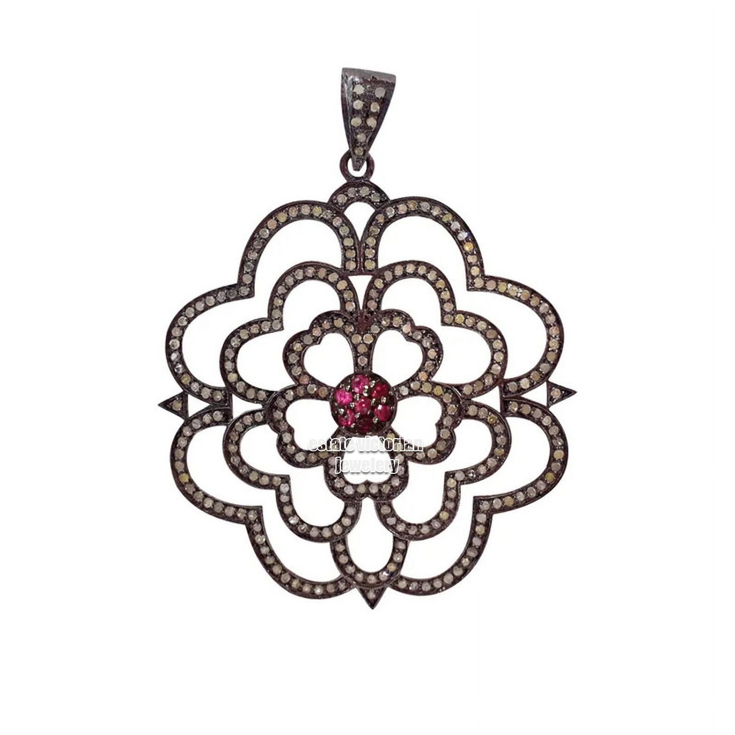 2.99ctw Rose Cut Diamond Ruby Studded Silver Victorian Stunning Pendant Jewelry