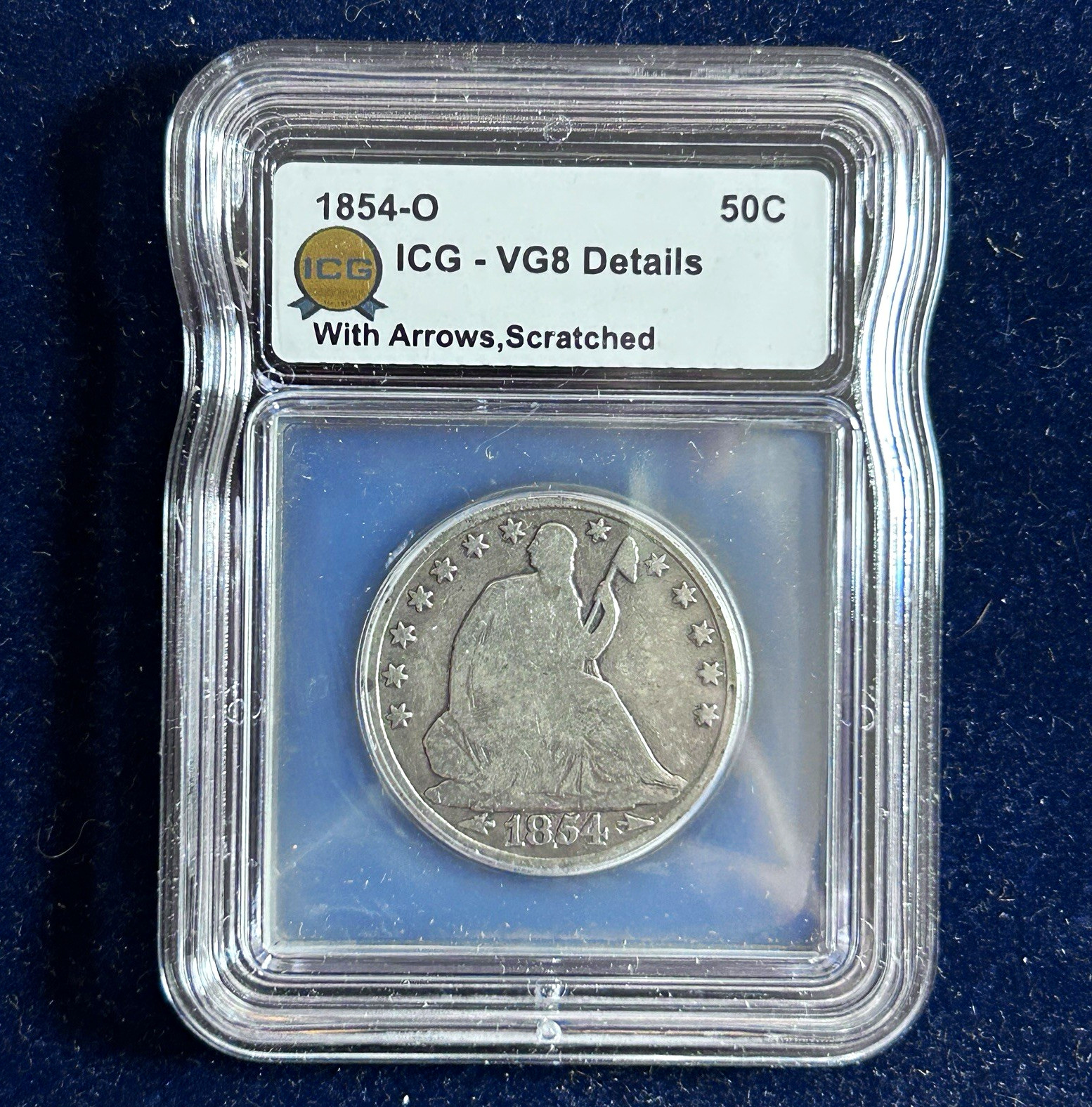 1854-O Seated Liberty Half Dollar 50C With Arrows, ICG VG8 Details Scratched