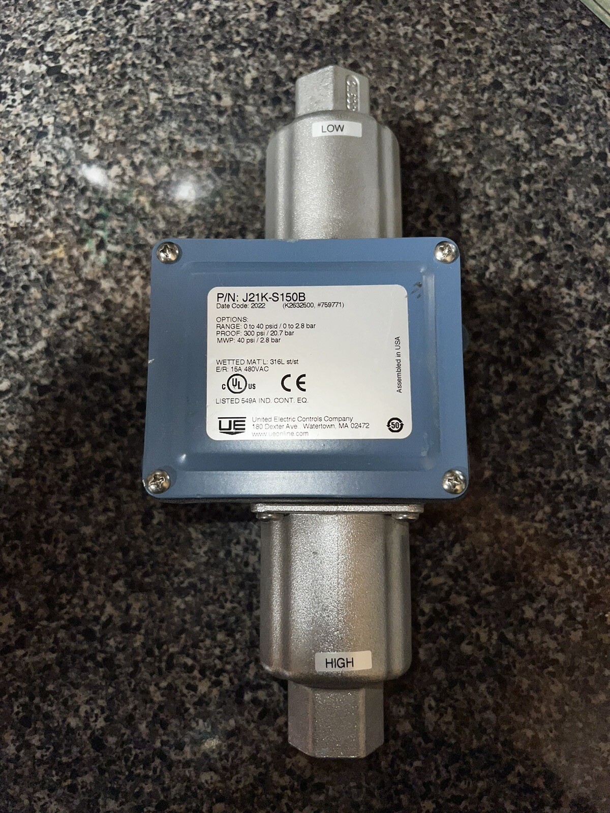 Ue United Electric J21K-S150B Pressure Switch 0-40psi 480v-ac Ue United Electric J21K-S150B Pressure Switch 0-40psi 480v-ac