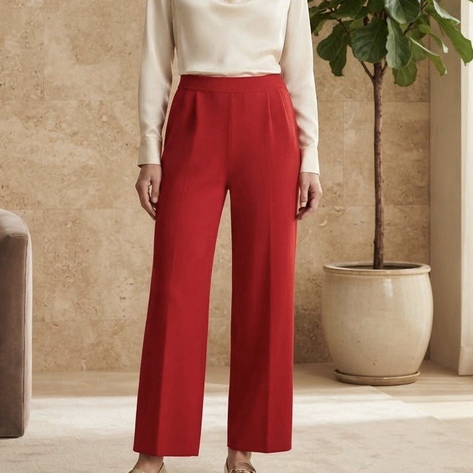 St John Collection Marie Gray Santana Knit Pants Red Straight Leg Pockets Size 8