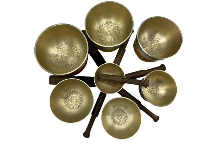 Tibetan Mantra Carved Healing Singing Bowl Set  7 Chakra Sound Meditation Bowl.